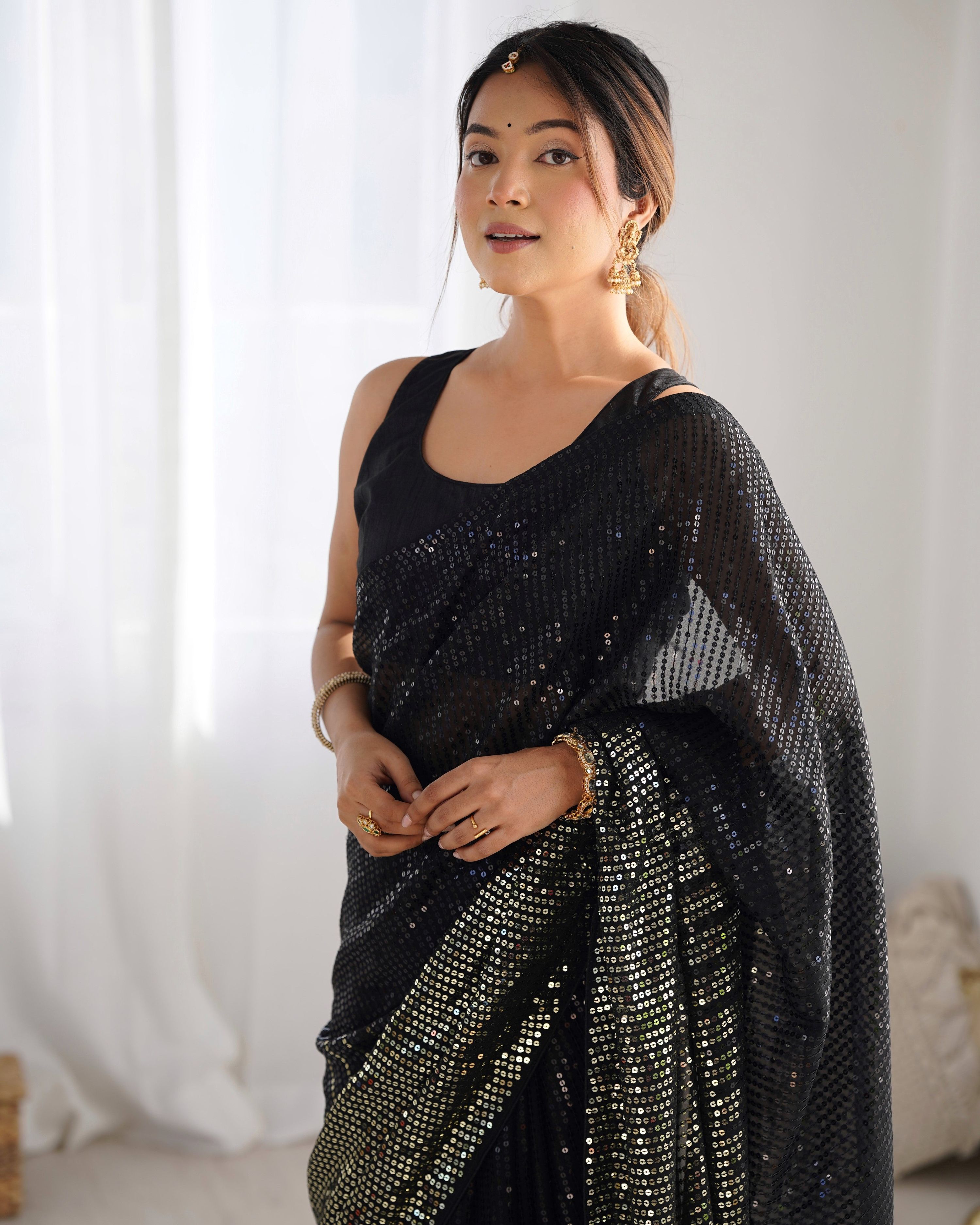 Jyoti Fashion Women's Black Georgette Sequins Designer Saree with Blouse - Distacart
