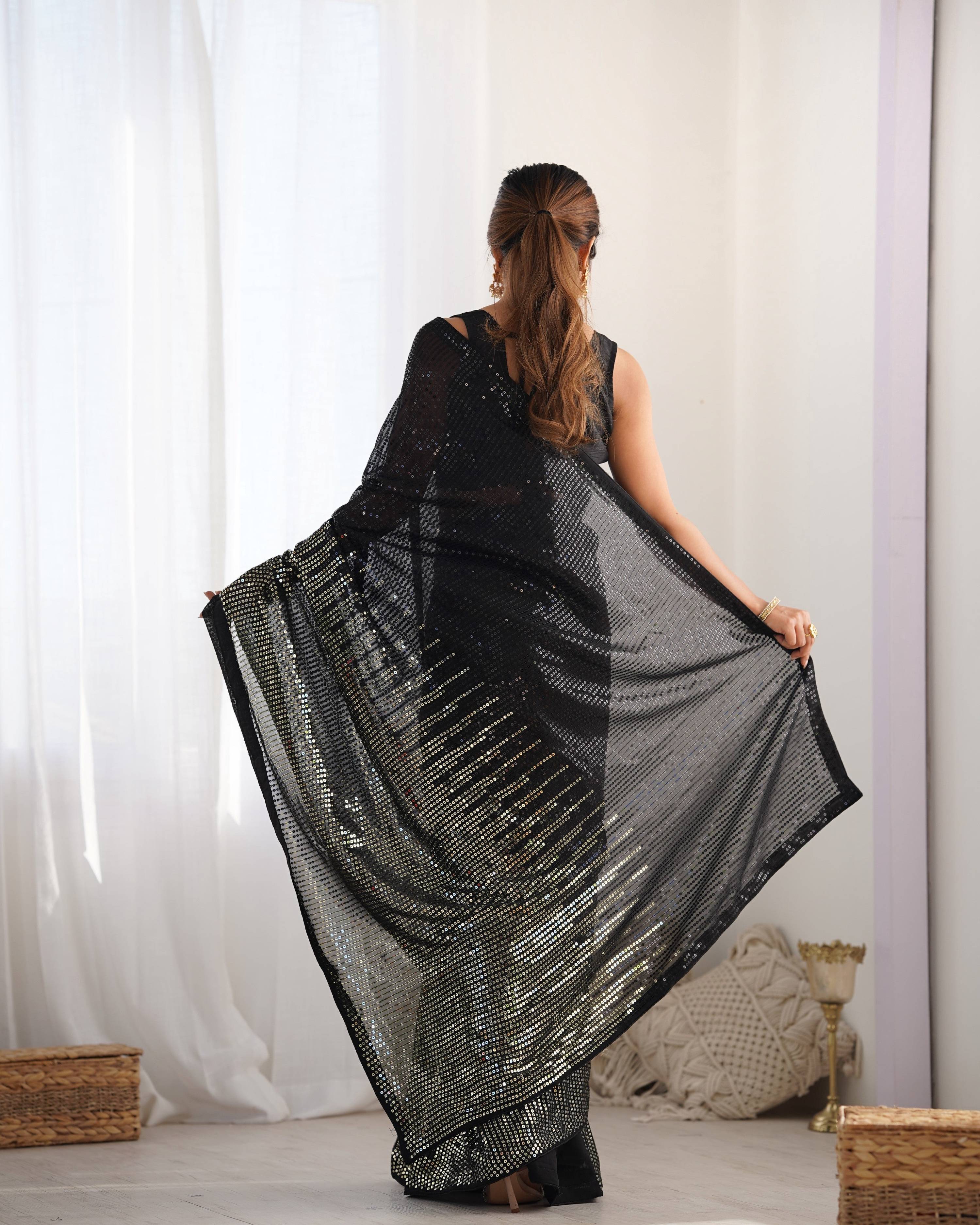 Jyoti Fashion Women's Black Georgette Sequins Designer Saree with Blouse - Distacart