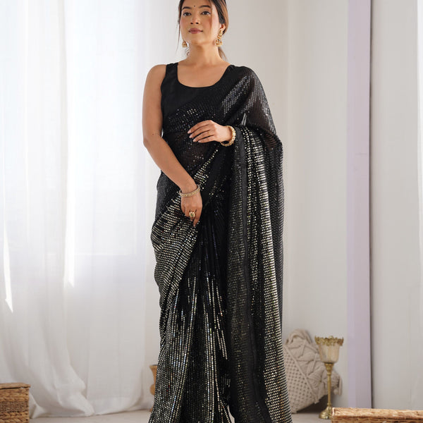 Jyoti Fashion Women's Black Georgette Sequins Designer Saree with Blouse - Distacart