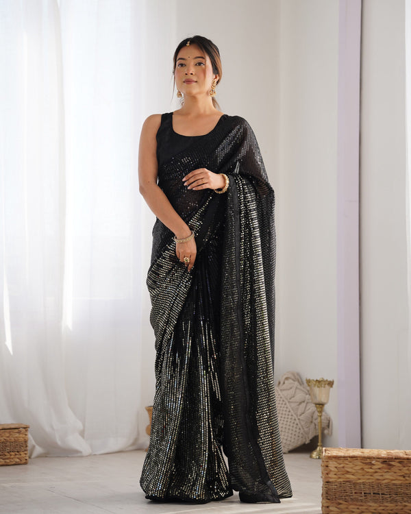 Jyoti Fashion Women's Black Georgette Sequins Designer Saree with Blouse - Distacart