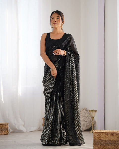Jyoti Fashion Women's Black Georgette Sequins Designer Saree with Blouse - Distacart