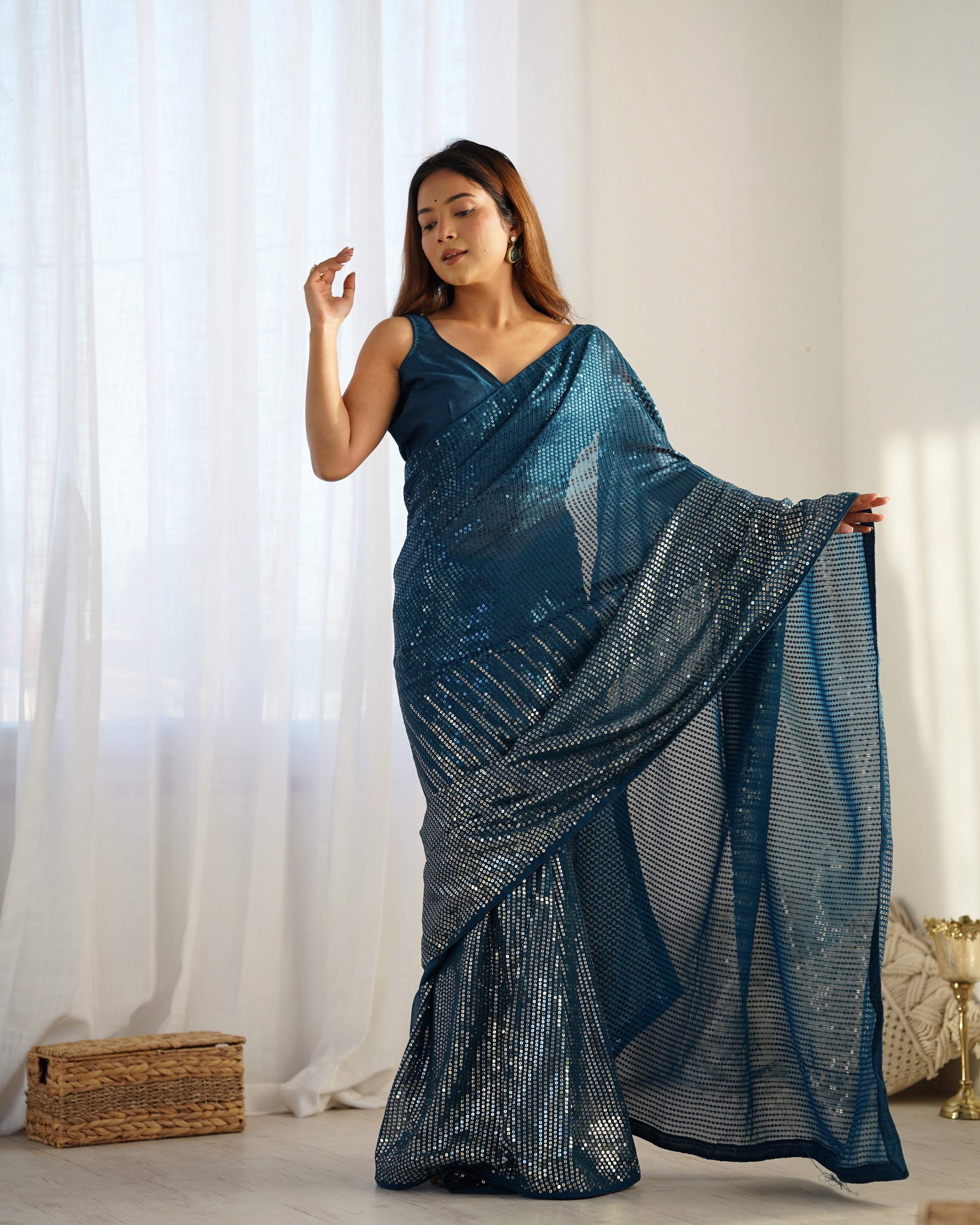 Jyoti Fashion Women's Teal Georgette Sequins Designer Saree with Blouse - Distacart