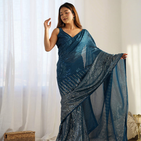Jyoti Fashion Women's Teal Georgette Sequins Designer Saree with Blouse - Distacart