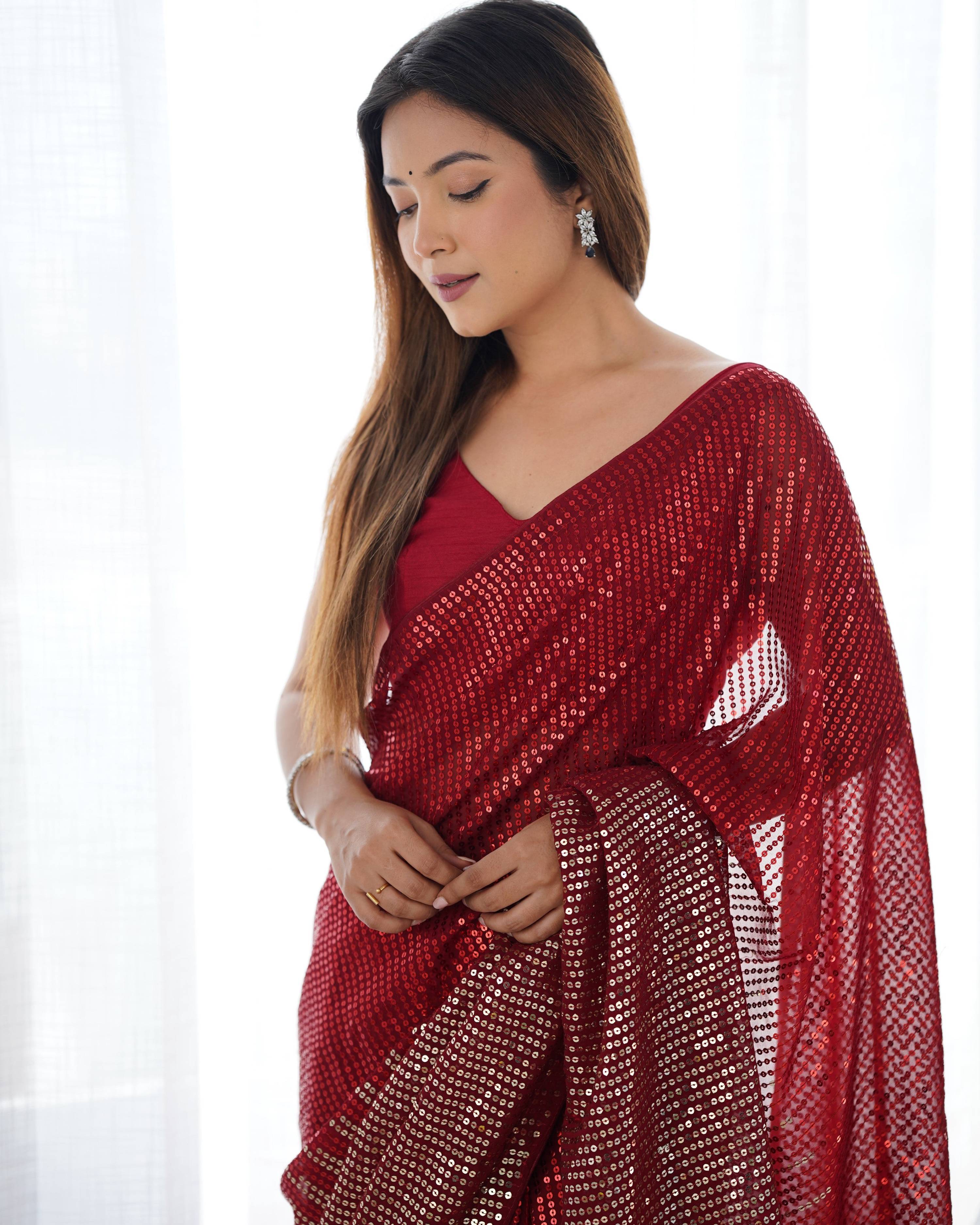 Jyoti Fashion Women's Maroon Georgette Sequins Designer Saree with Blouse - Distacart