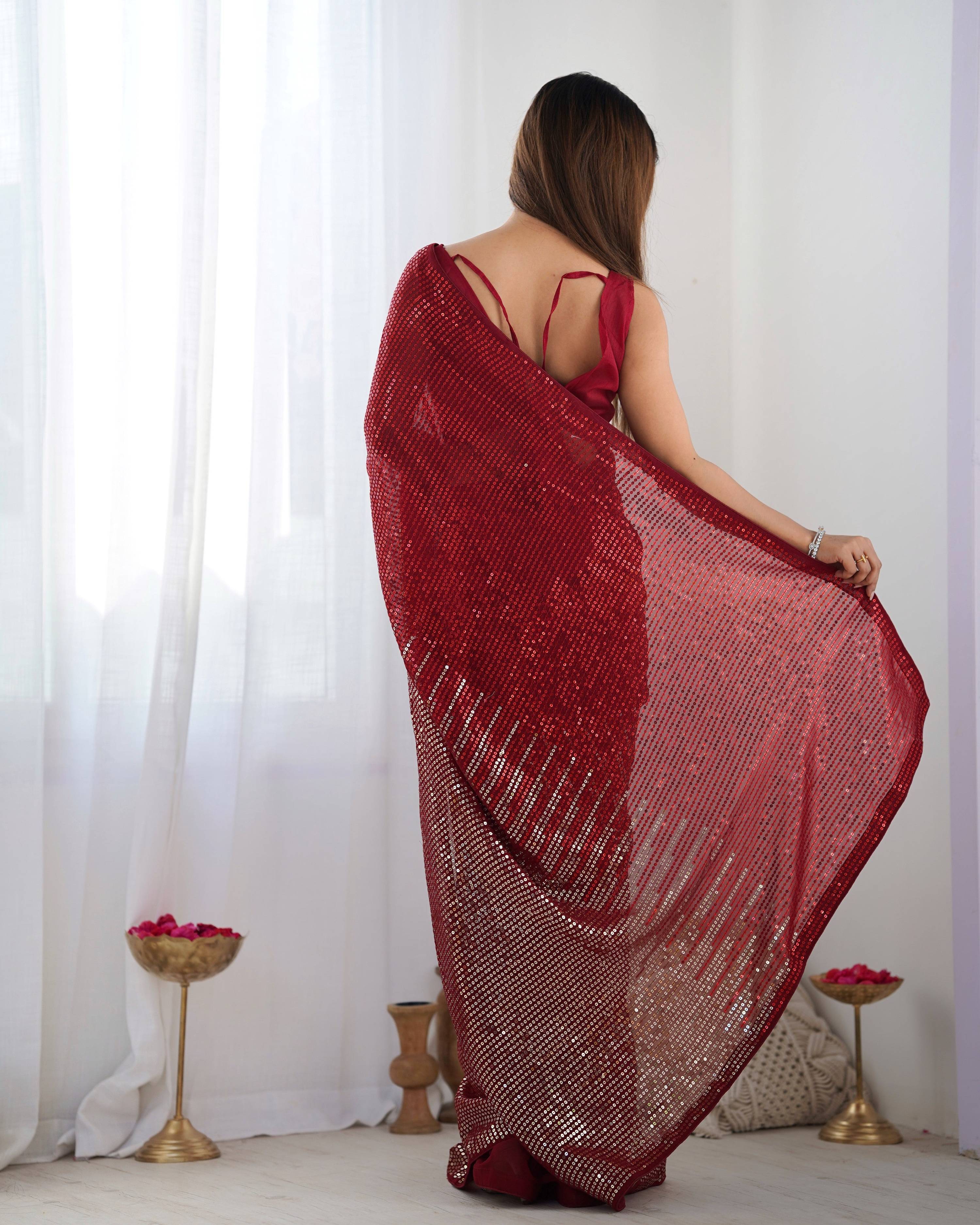 Jyoti Fashion Women's Maroon Georgette Sequins Designer Saree with Blouse - Distacart