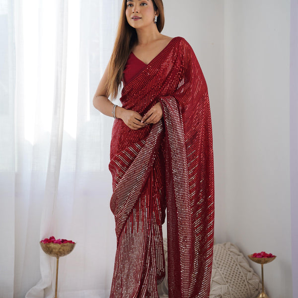 Jyoti Fashion Women's Maroon Georgette Sequins Designer Saree with Blouse - Distacart