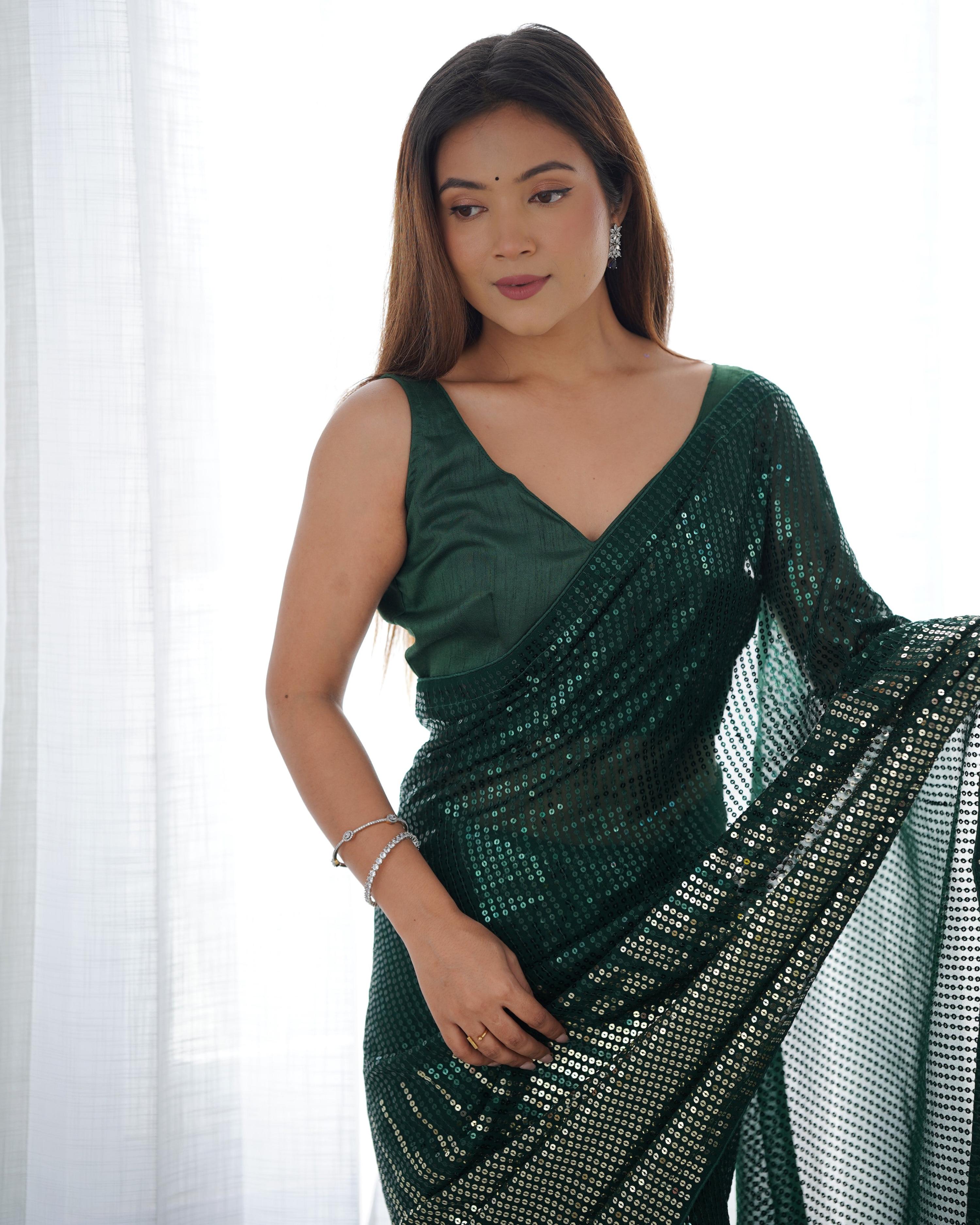 Jyoti Fashion Women's Bottle Green Georgette Sequins Designer Saree with Blouse - Distacart