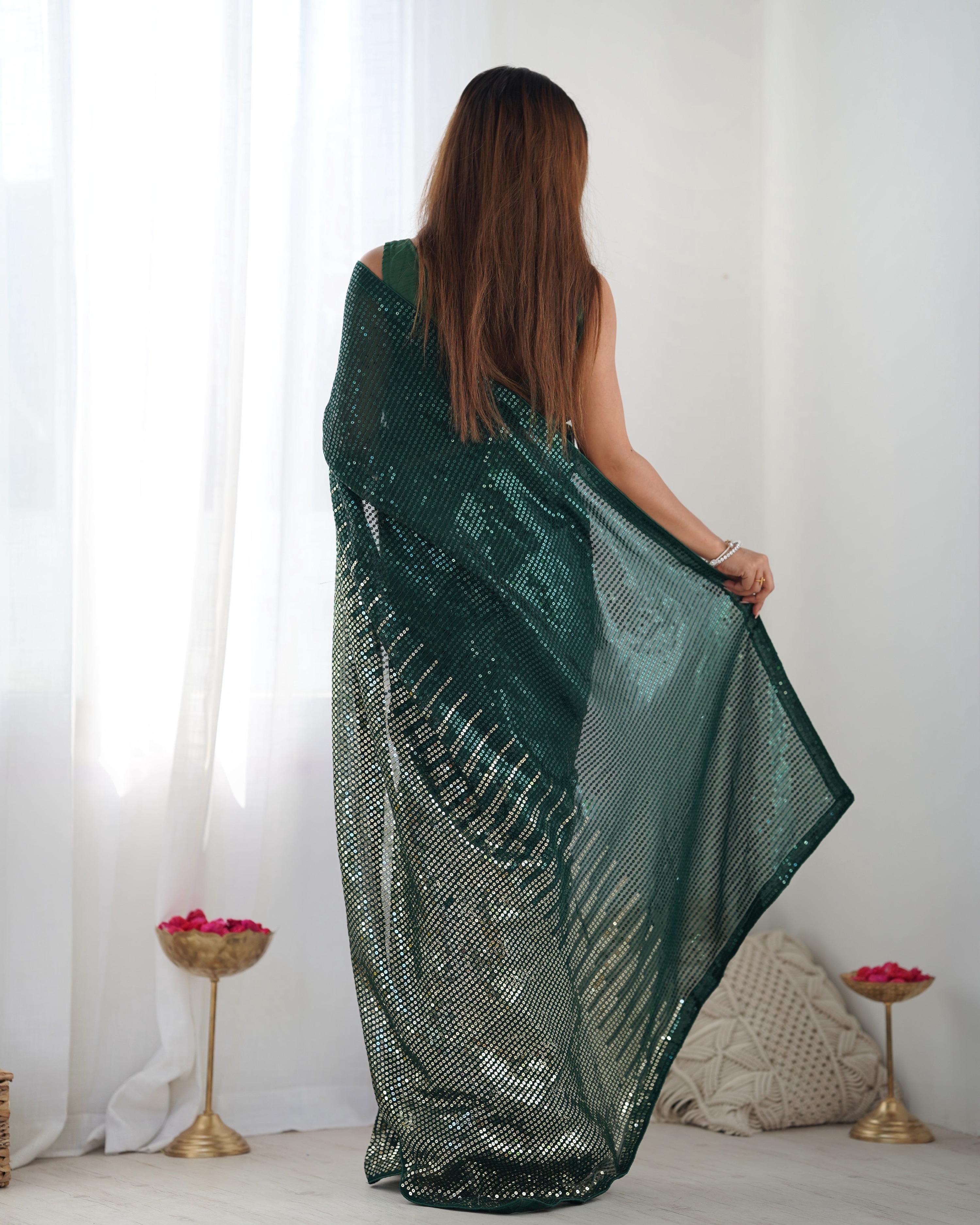 Jyoti Fashion Women's Bottle Green Georgette Sequins Designer Saree with Blouse - Distacart