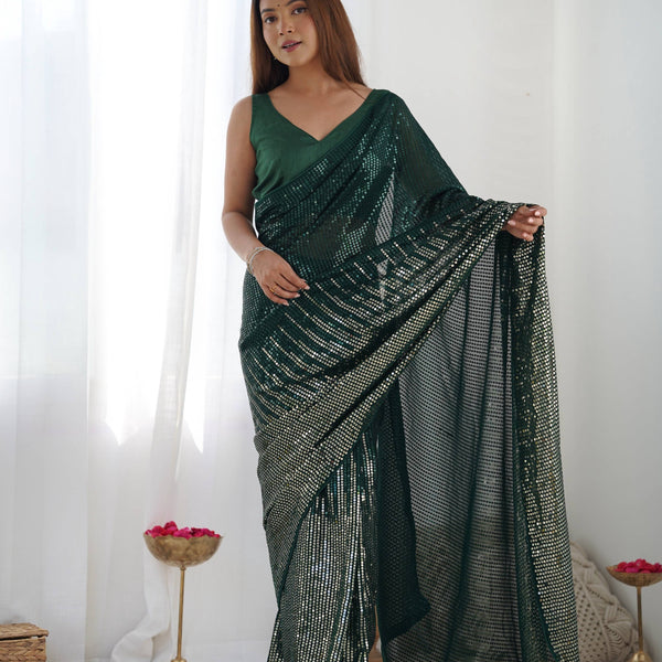 Jyoti Fashion Women's Bottle Green Georgette Sequins Designer Saree with Blouse - Distacart