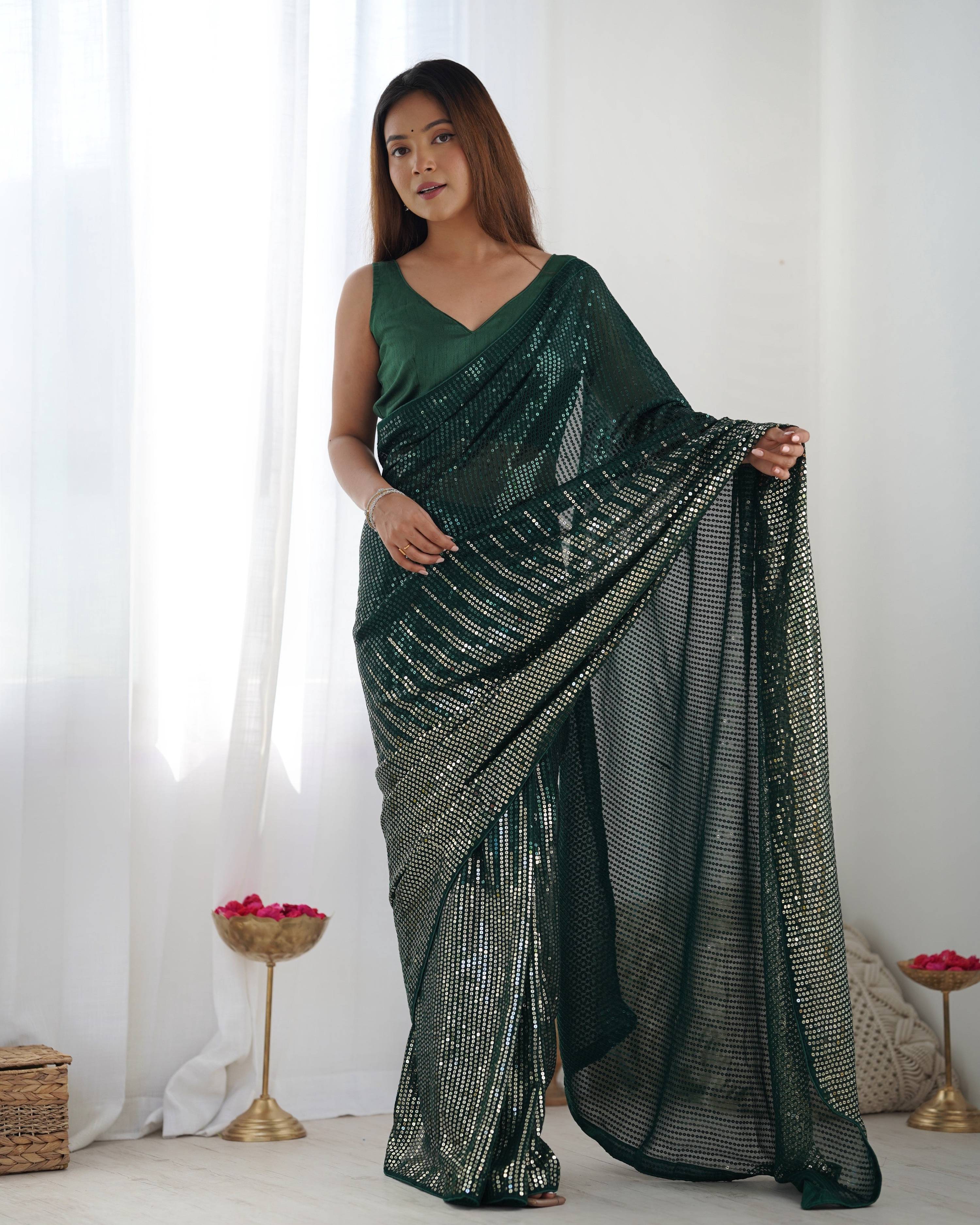 Jyoti Fashion Women's Bottle Green Georgette Sequins Designer Saree with Blouse - Distacart