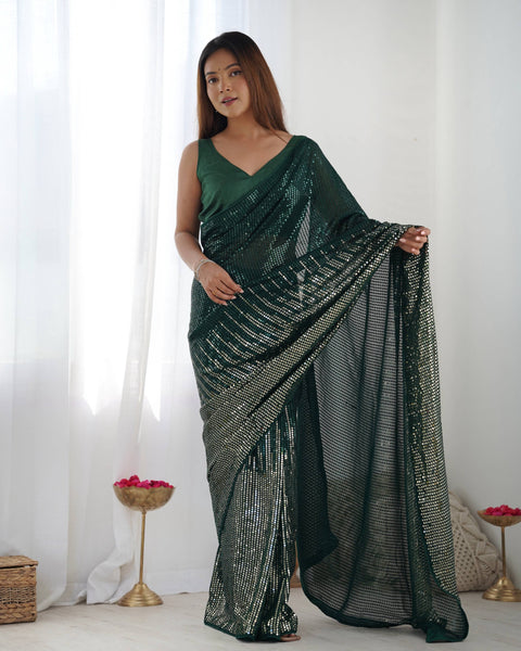 Jyoti Fashion Women's Bottle Green Georgette Sequins Designer Saree with Blouse - Distacart