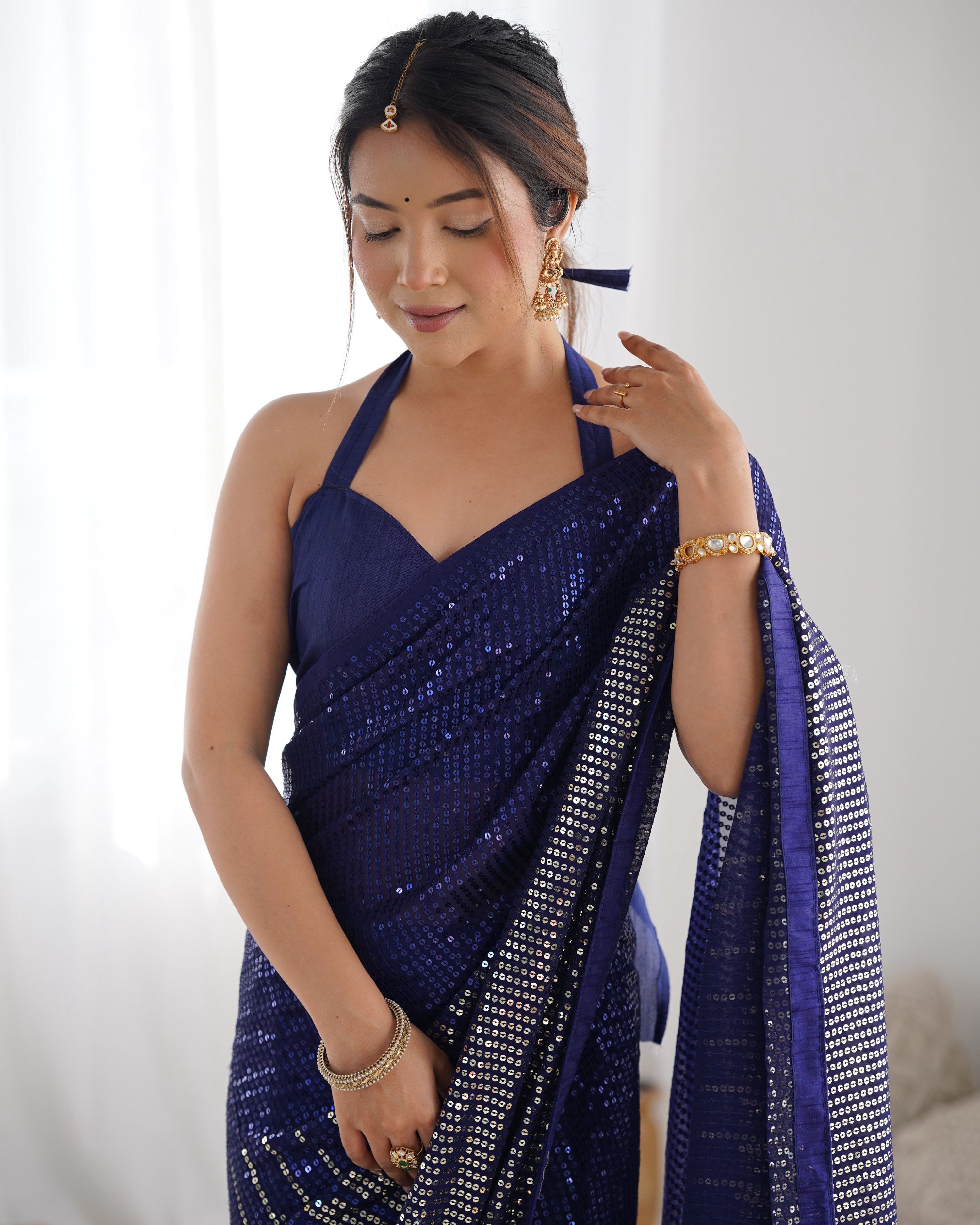 Jyoti Fashion Women's Navy Blue Georgette Sequins Designer Saree with Blouse - Distacart