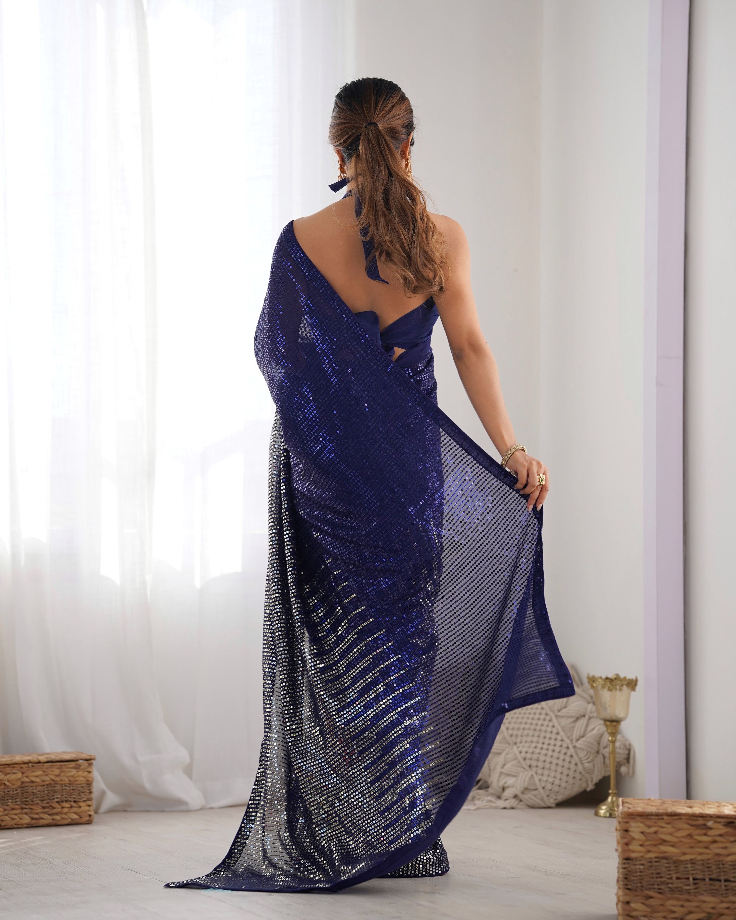 Jyoti Fashion Women's Navy Blue Georgette Sequins Designer Saree with Blouse - Distacart