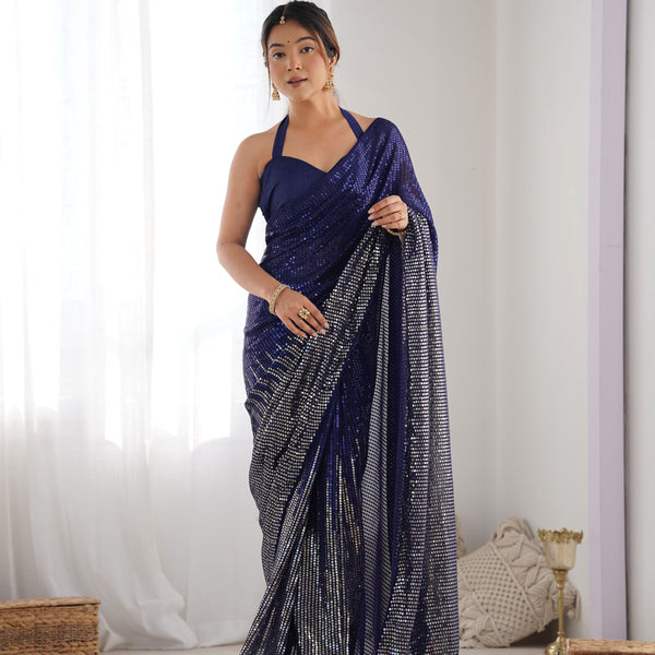 Jyoti Fashion Women's Navy Blue Georgette Sequins Designer Saree with Blouse - Distacart
