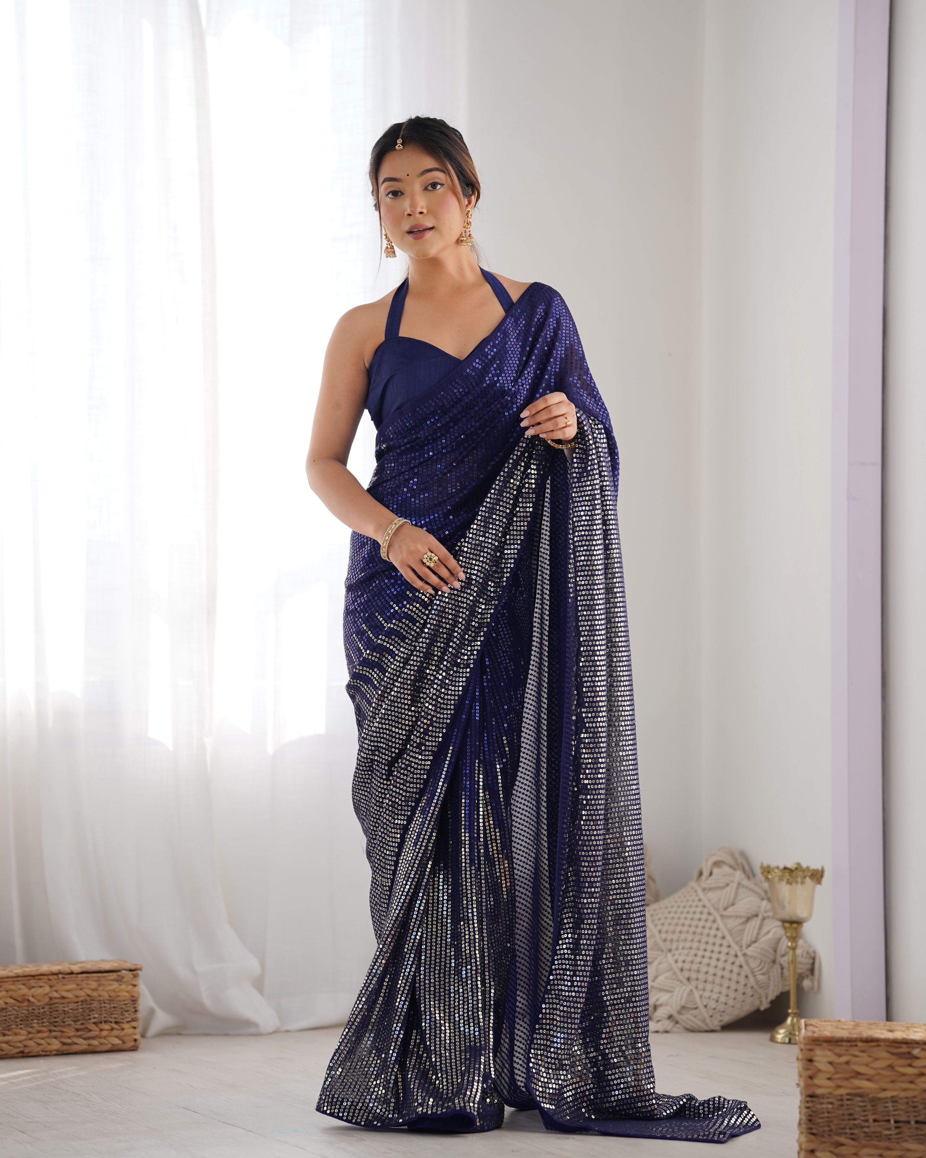 Jyoti Fashion Women's Navy Blue Georgette Sequins Designer Saree with Blouse - Distacart