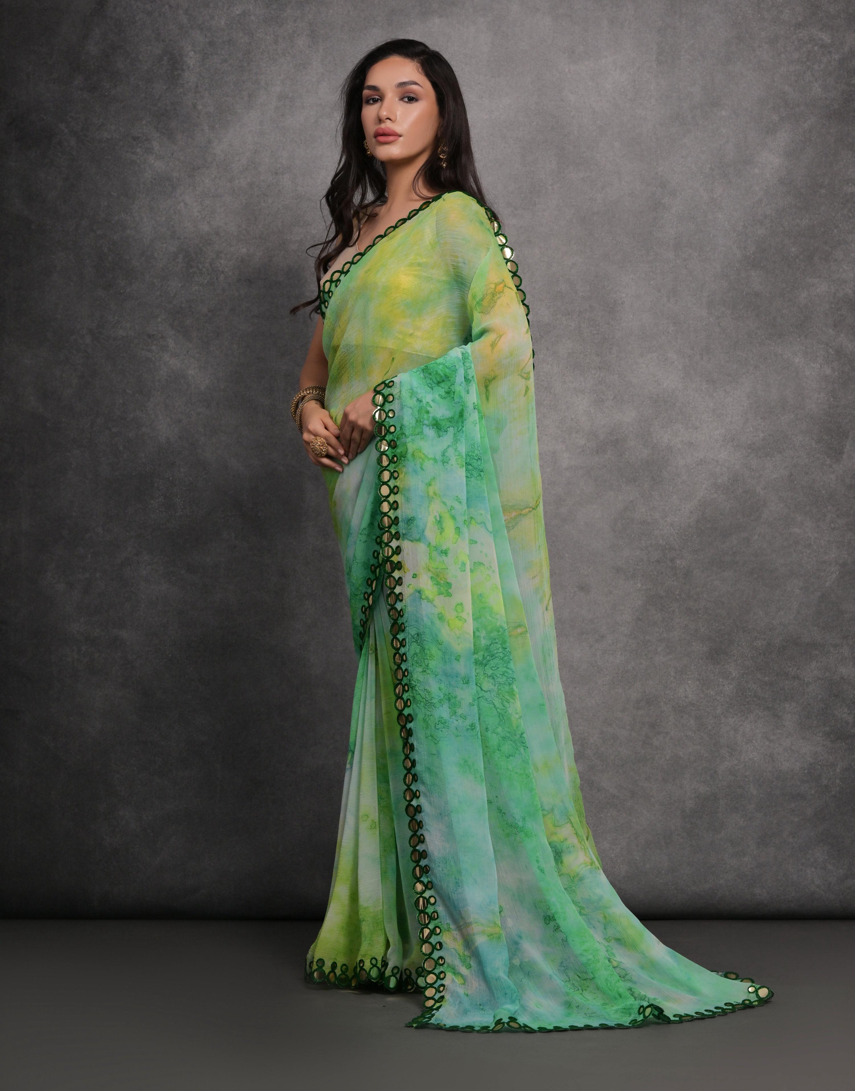 Jyoti Fashion Women's Green Chiffon Print with Mirror Work Designer Saree with Blouse - Distacart