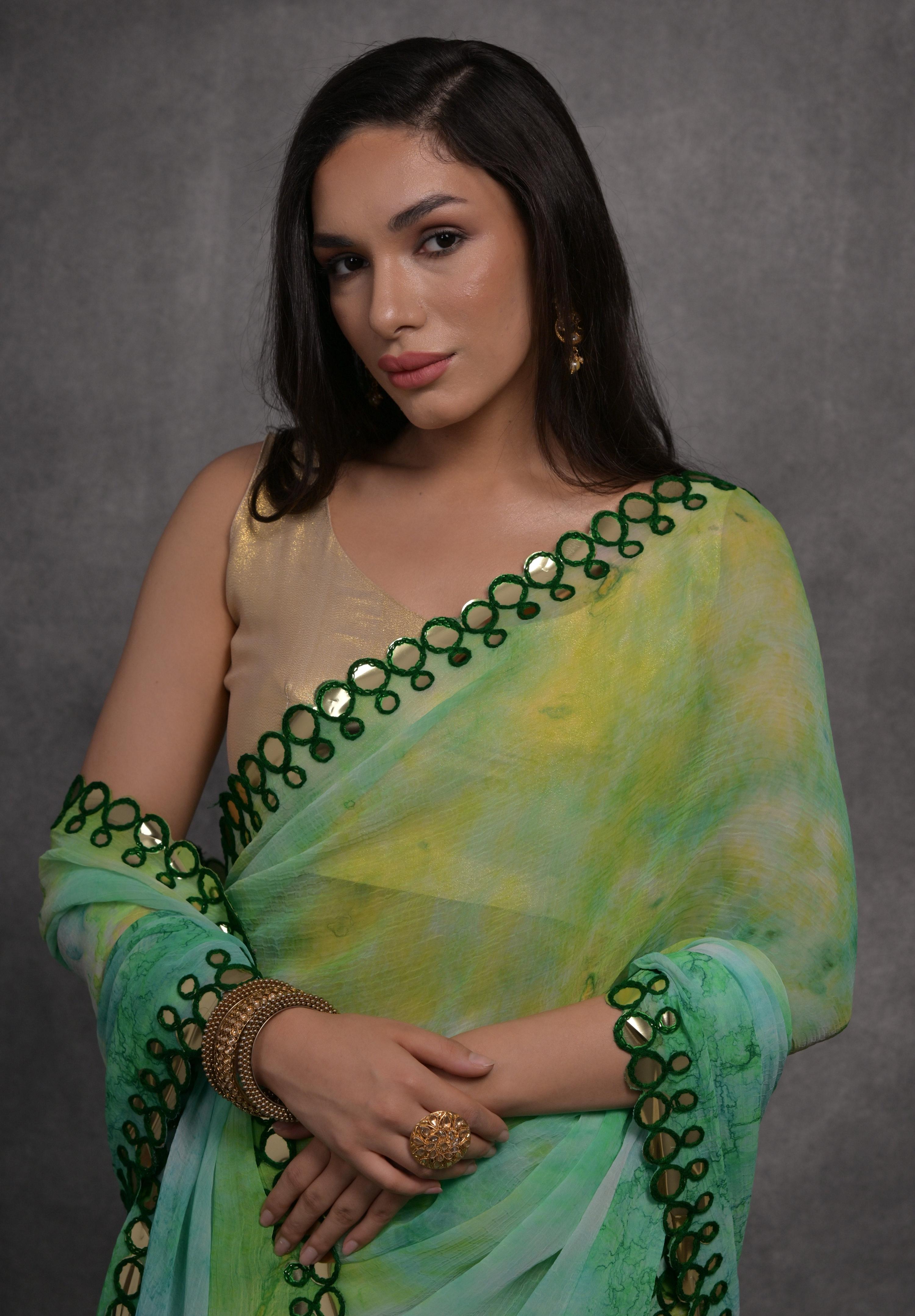 Jyoti Fashion Women's Green Chiffon Print with Mirror Work Designer Saree with Blouse - Distacart