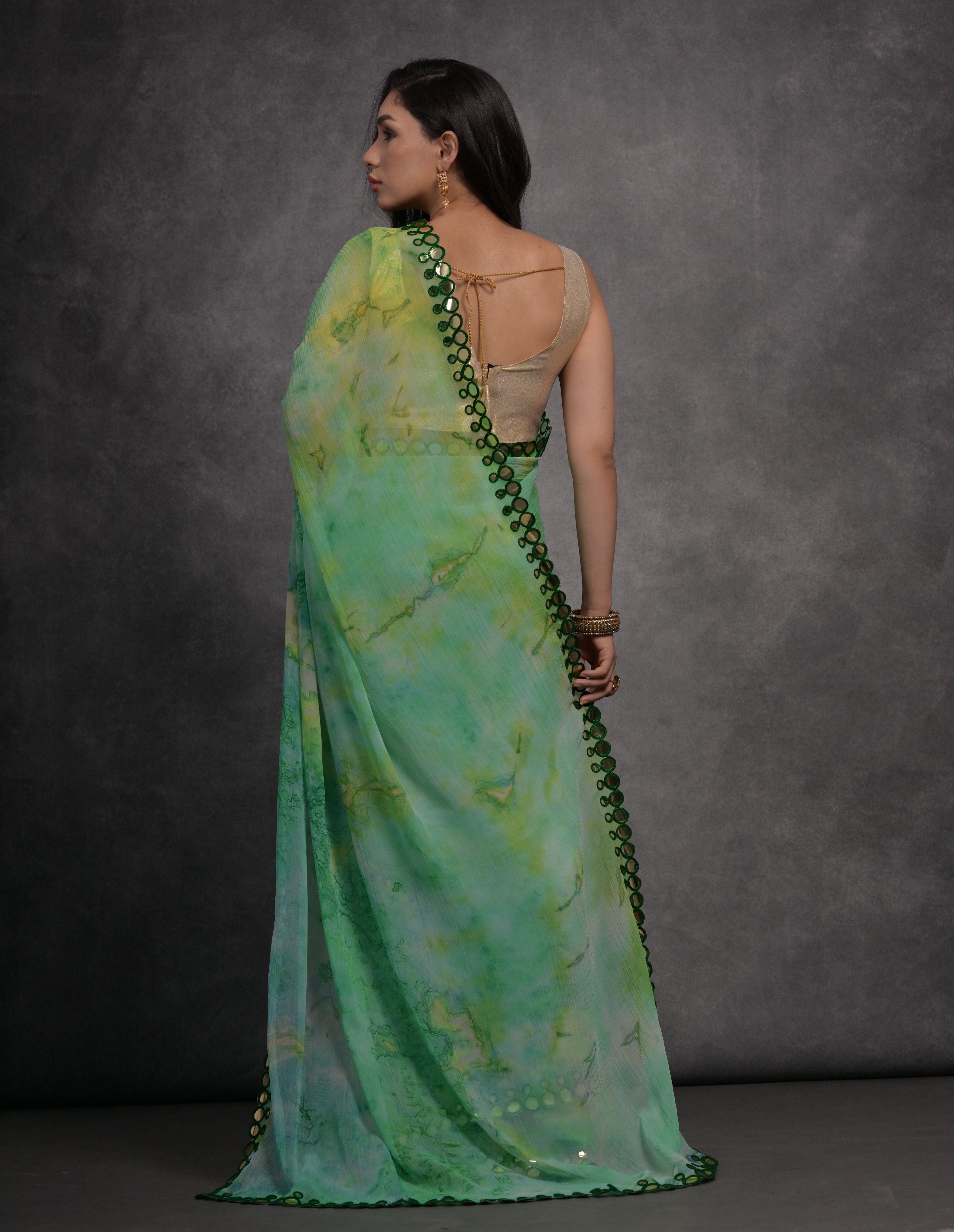 Jyoti Fashion Women's Green Chiffon Print with Mirror Work Designer Saree with Blouse - Distacart