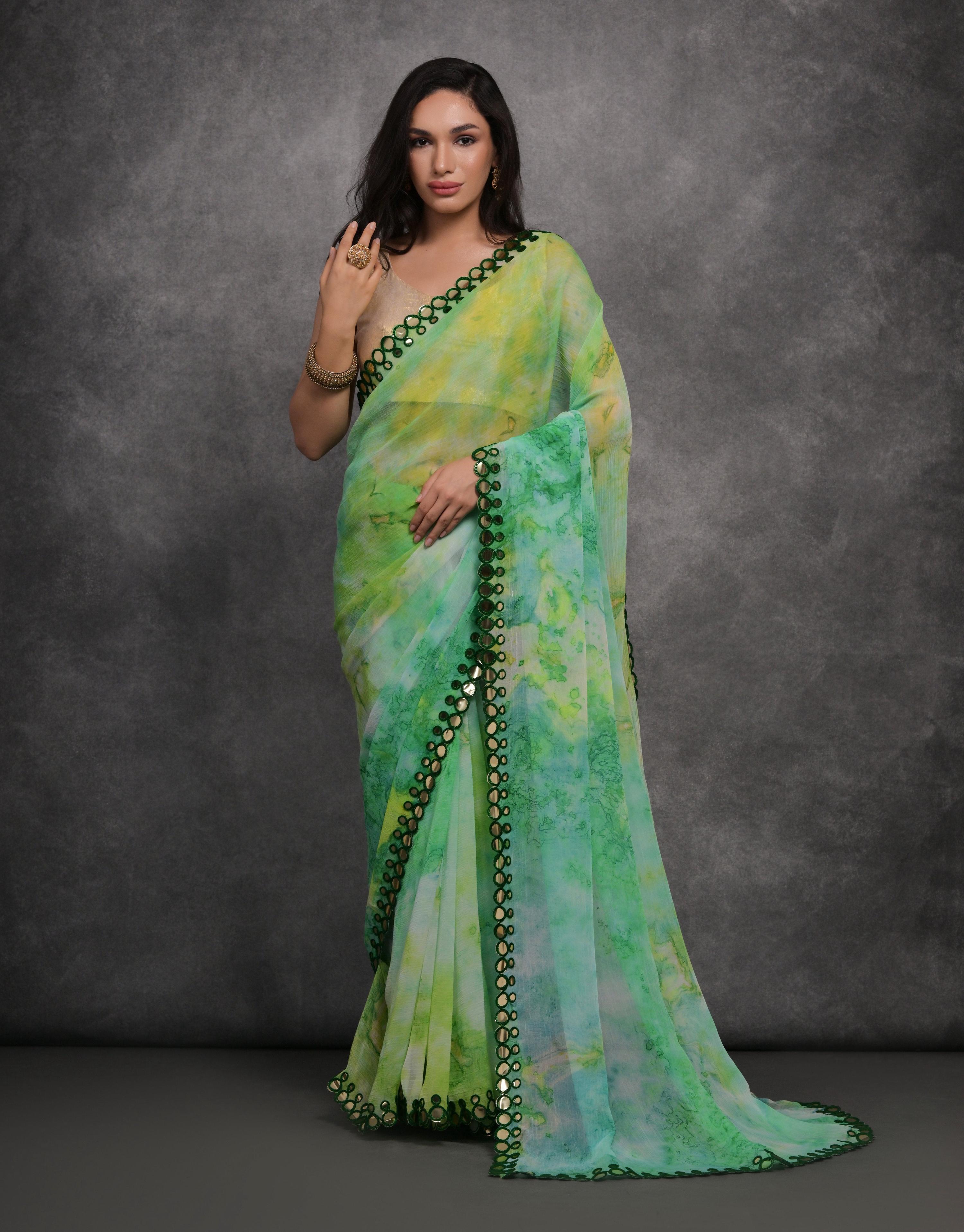 Jyoti Fashion Women's Green Chiffon Print with Mirror Work Designer Saree with Blouse - Distacart