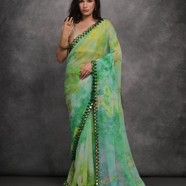 Jyoti Fashion Women's Green Chiffon Print with Mirror Work Designer Saree with Blouse - Distacart