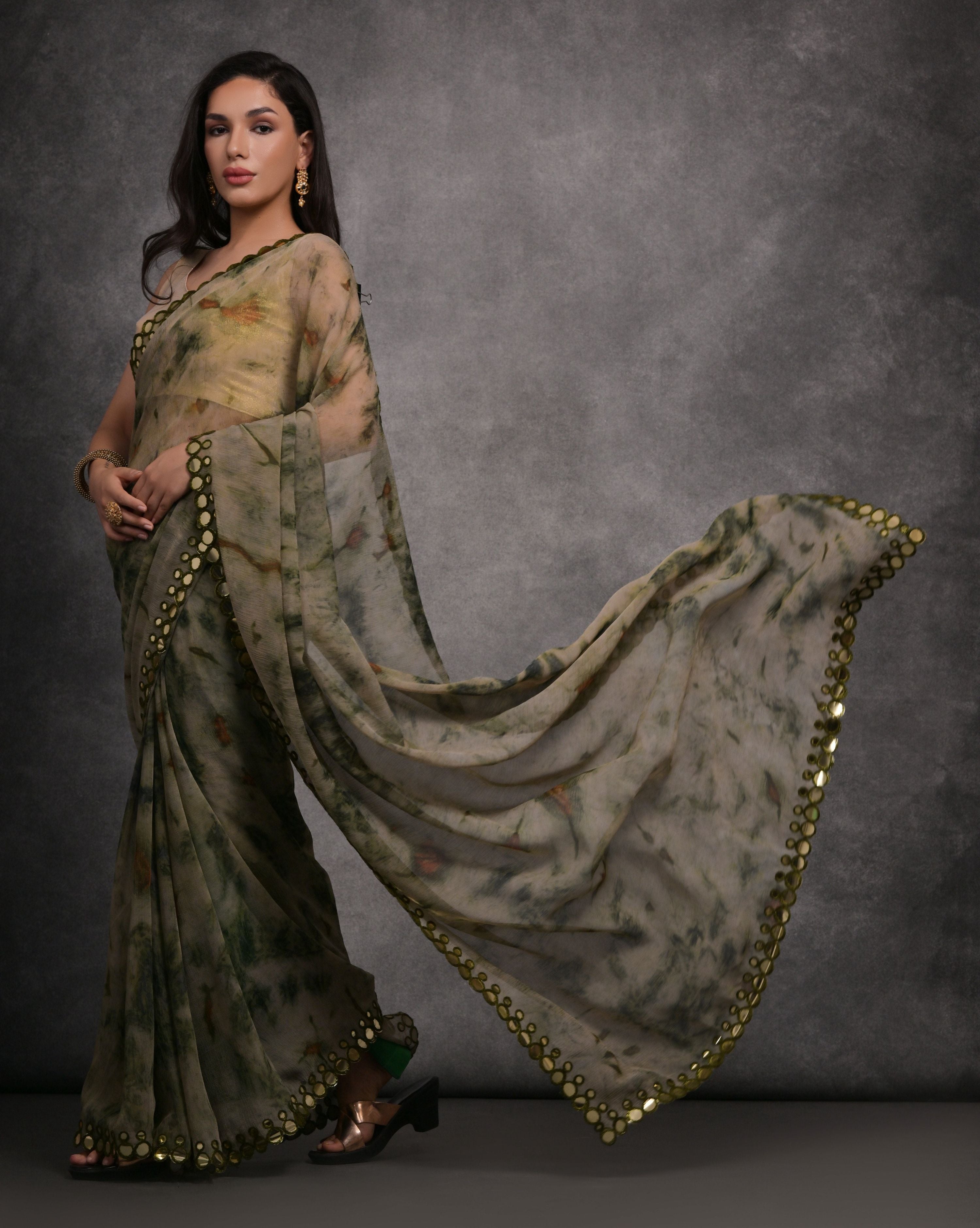 Jyoti Fashion Women's Grey Chiffon Print with Mirror Work Designer Saree with Blouse - Distacart