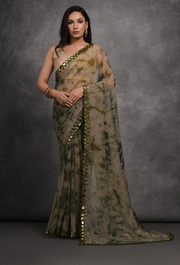 Jyoti Fashion Women's Grey Chiffon Print with Mirror Work Designer Saree with Blouse - Distacart