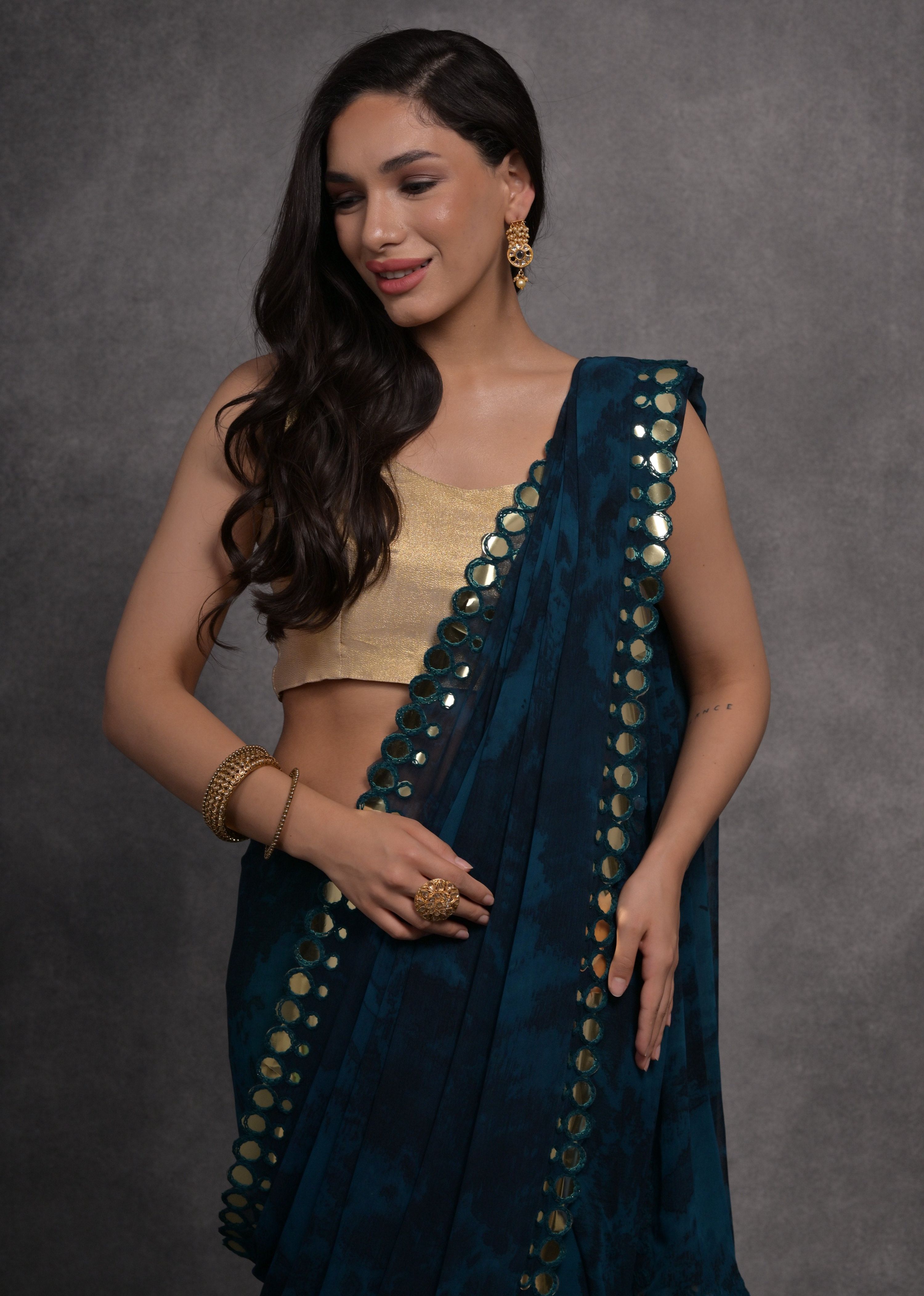 Jyoti Fashion Women's Navy Blue Chiffon Print with Mirror Work Designer Saree with Blouse - Distacart