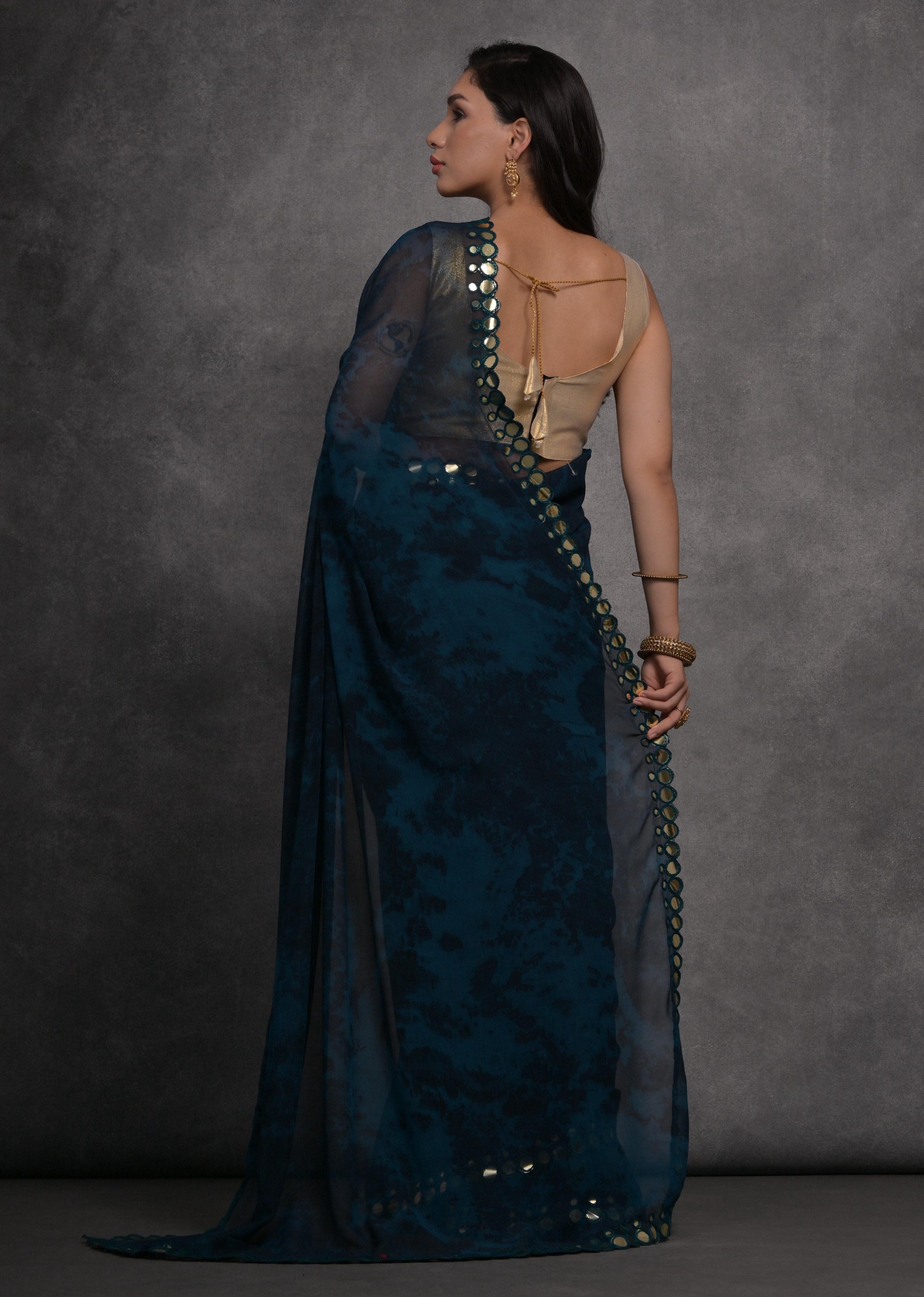 Jyoti Fashion Women's Navy Blue Chiffon Print with Mirror Work Designer Saree with Blouse - Distacart