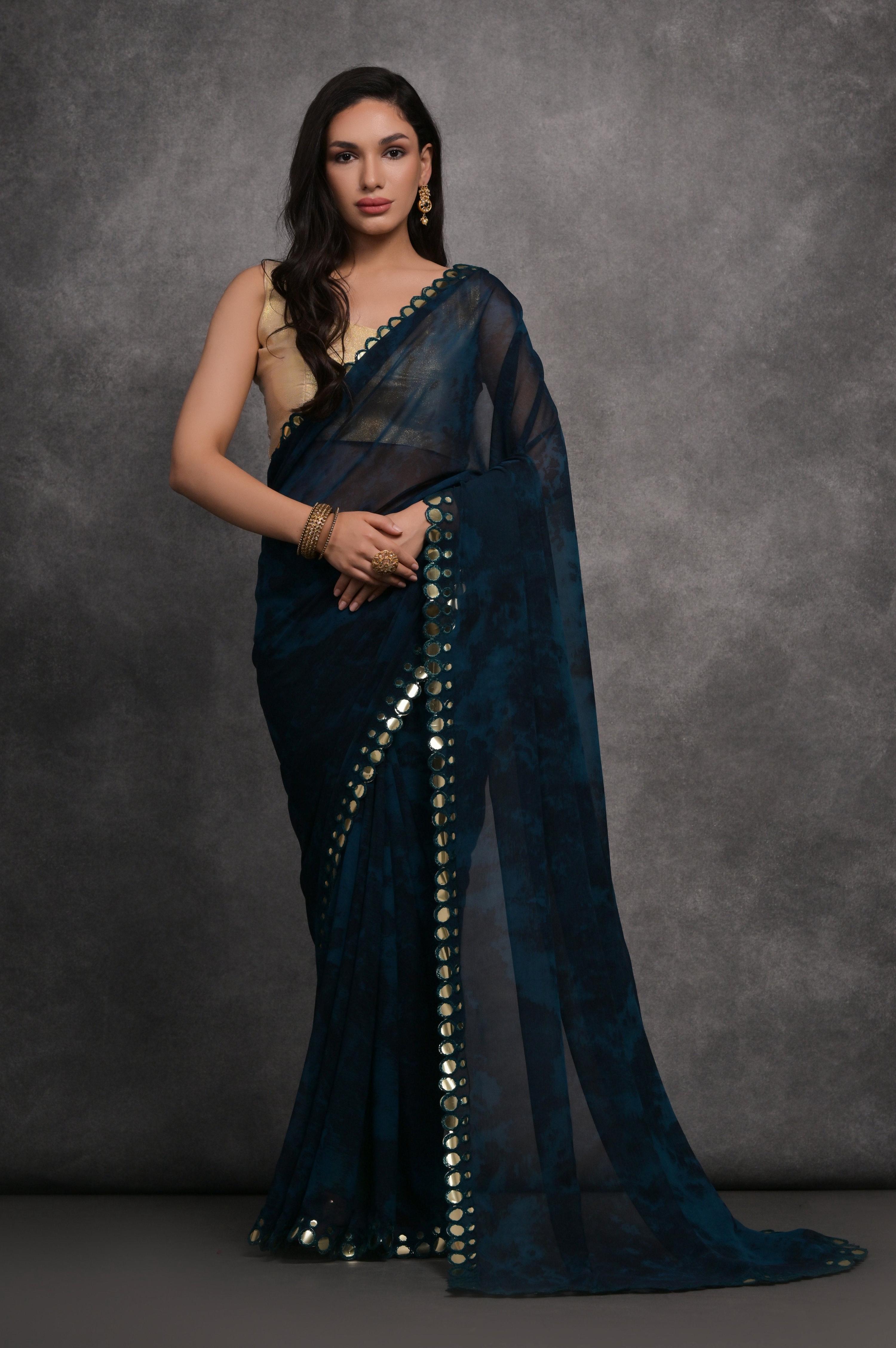 Jyoti Fashion Women's Navy Blue Chiffon Print with Mirror Work Designer Saree with Blouse - Distacart