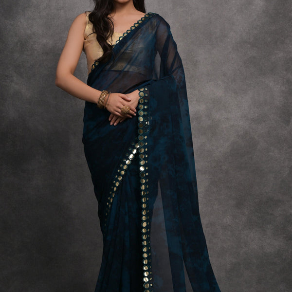 Jyoti Fashion Women's Navy Blue Chiffon Print with Mirror Work Designer Saree with Blouse - Distacart