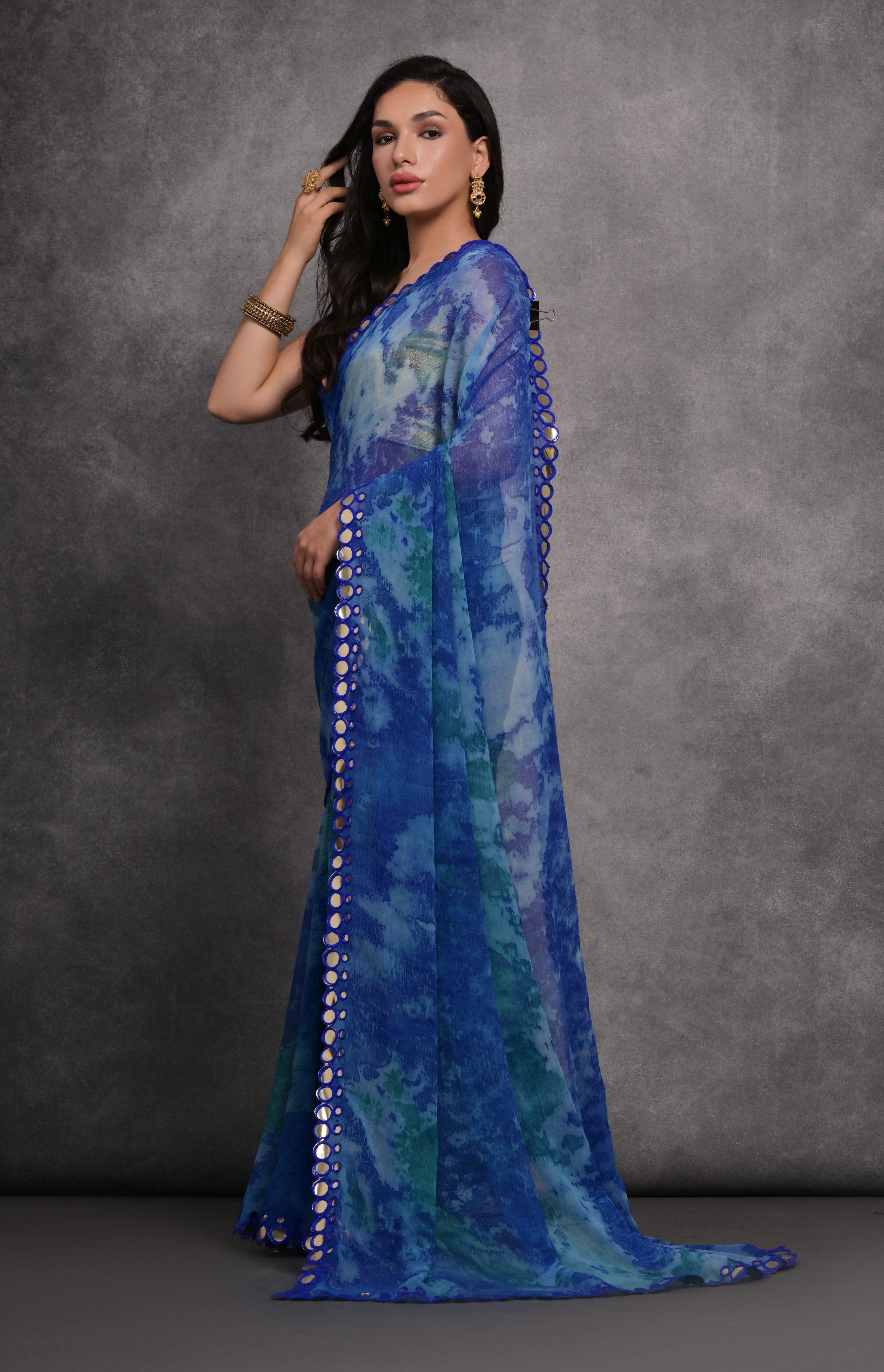 Jyoti Fashion Women's Blue Chiffon Print with Mirror Work Designer Saree with Blouse - Distacart