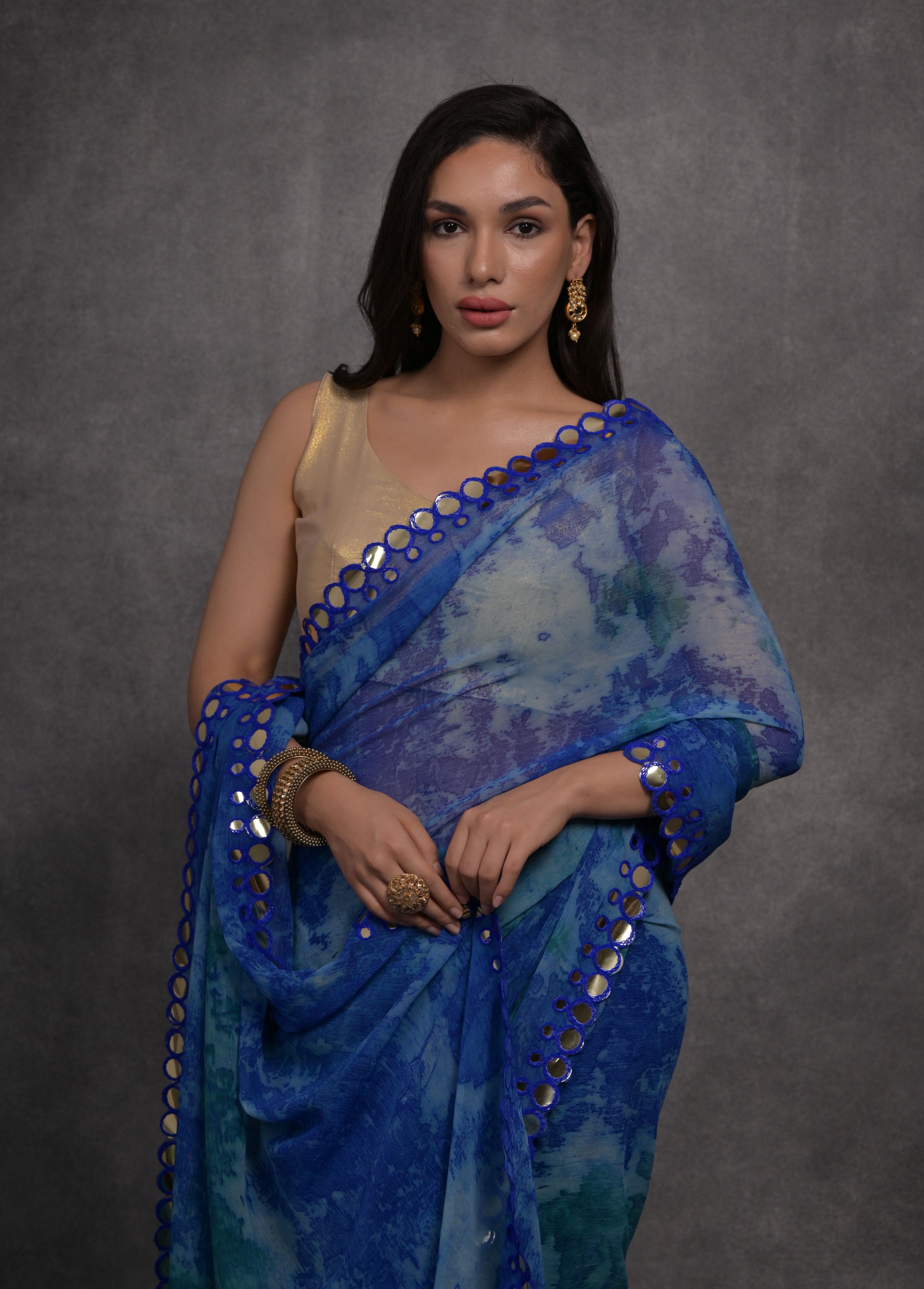 Jyoti Fashion Women's Blue Chiffon Print with Mirror Work Designer Saree with Blouse - Distacart