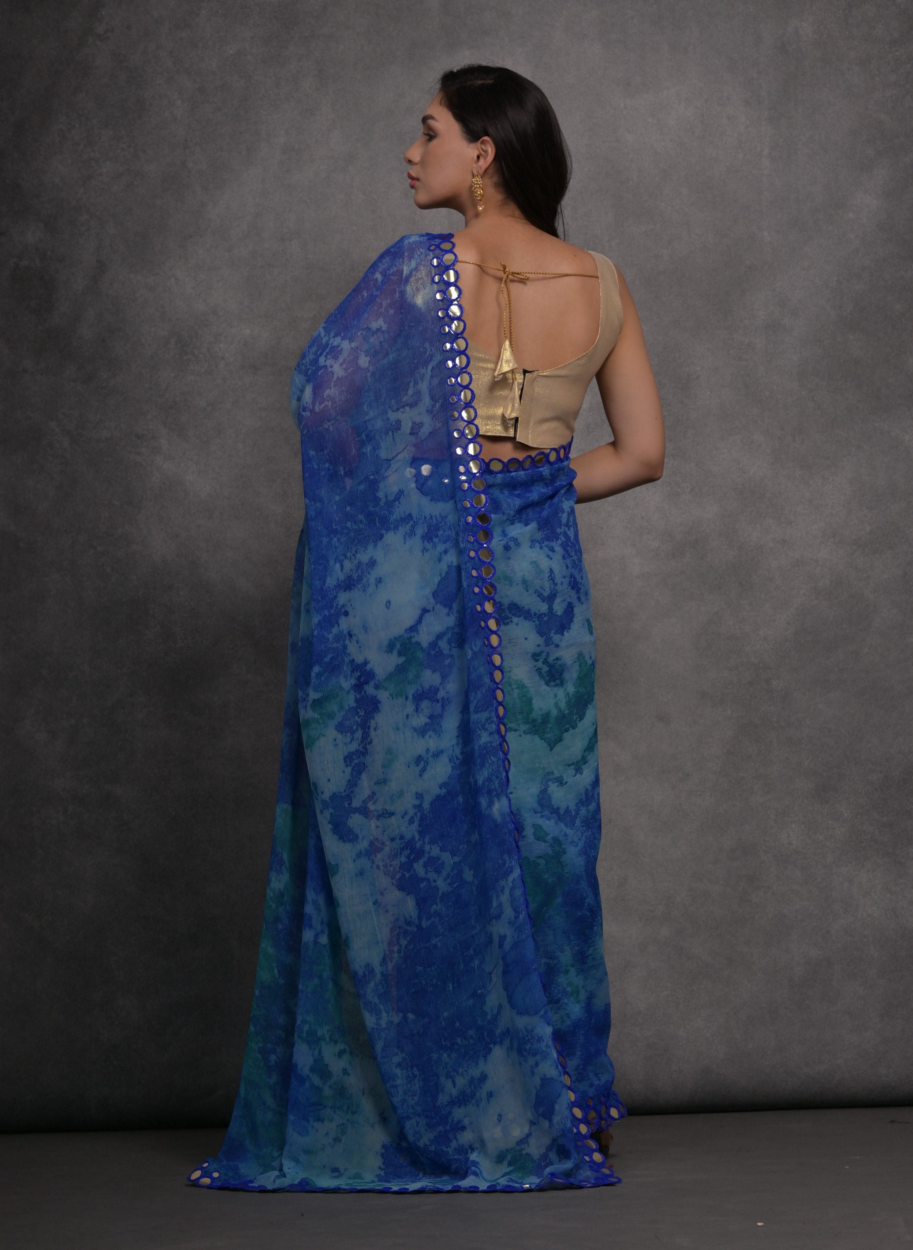 Jyoti Fashion Women's Blue Chiffon Print with Mirror Work Designer Saree with Blouse - Distacart
