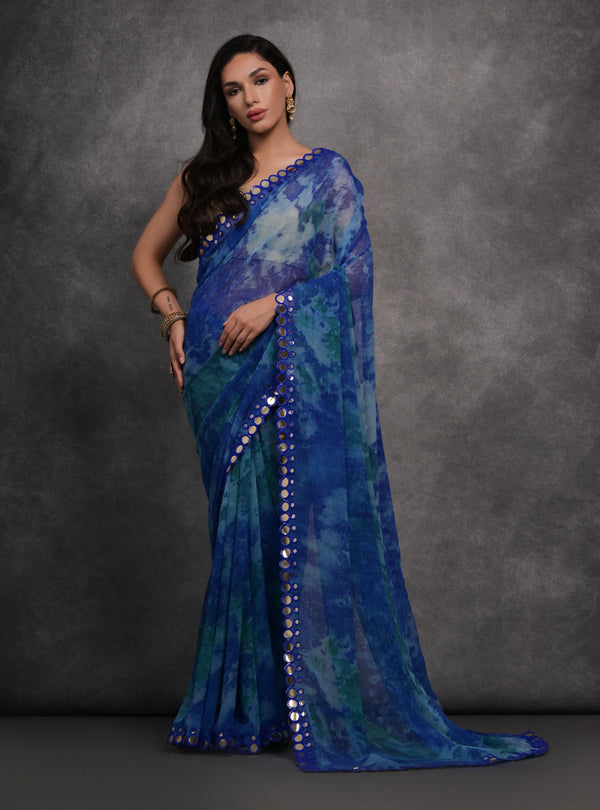 Jyoti Fashion Women's Blue Chiffon Print with Mirror Work Designer Saree with Blouse - Distacart