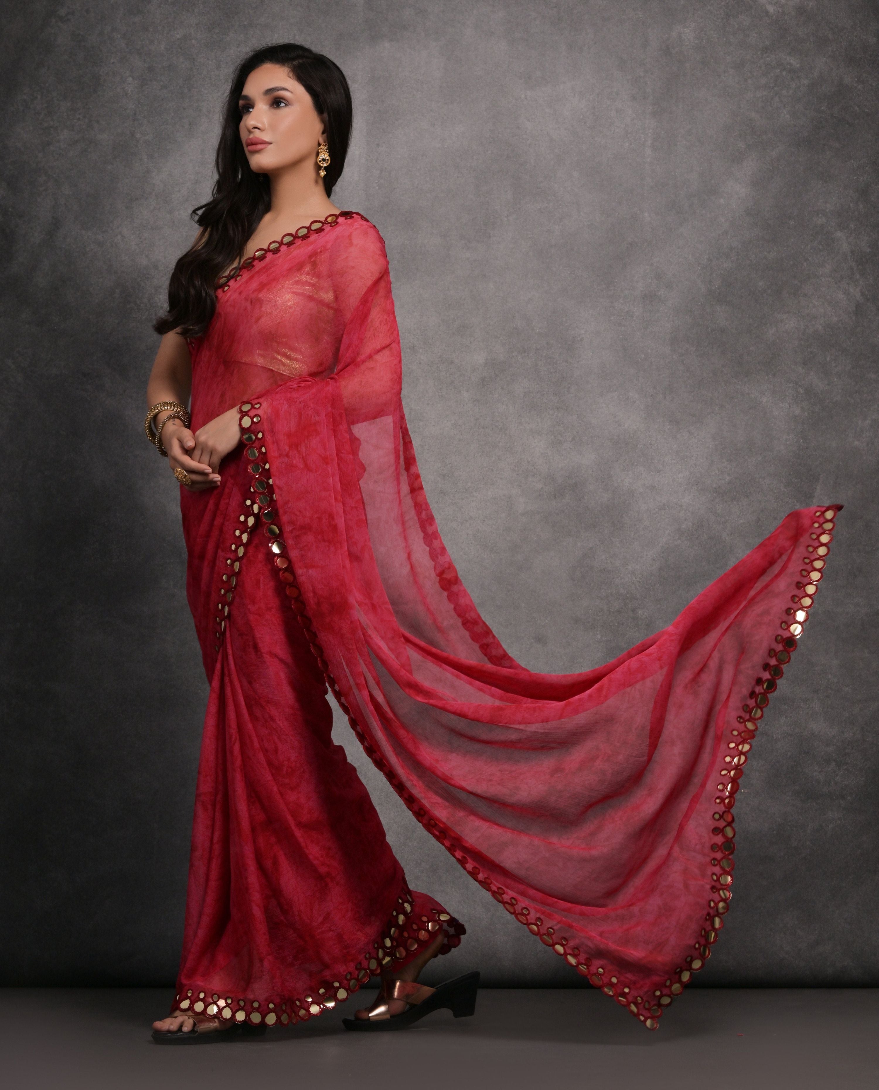 Jyoti Fashion Women's Pink Chiffon Print with Mirror Work Designer Saree with Blouse - Distacart