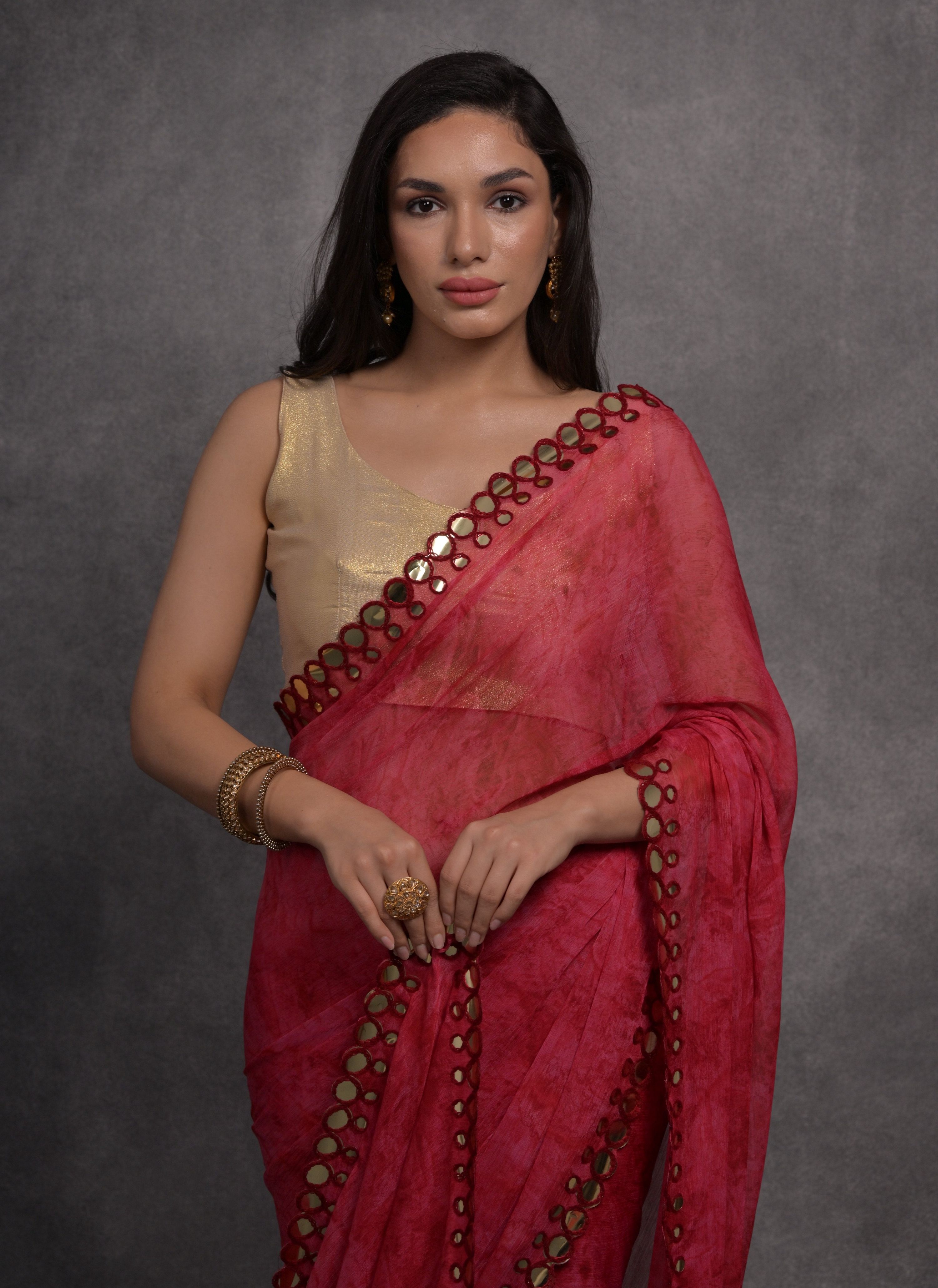 Jyoti Fashion Women's Pink Chiffon Print with Mirror Work Designer Saree with Blouse - Distacart