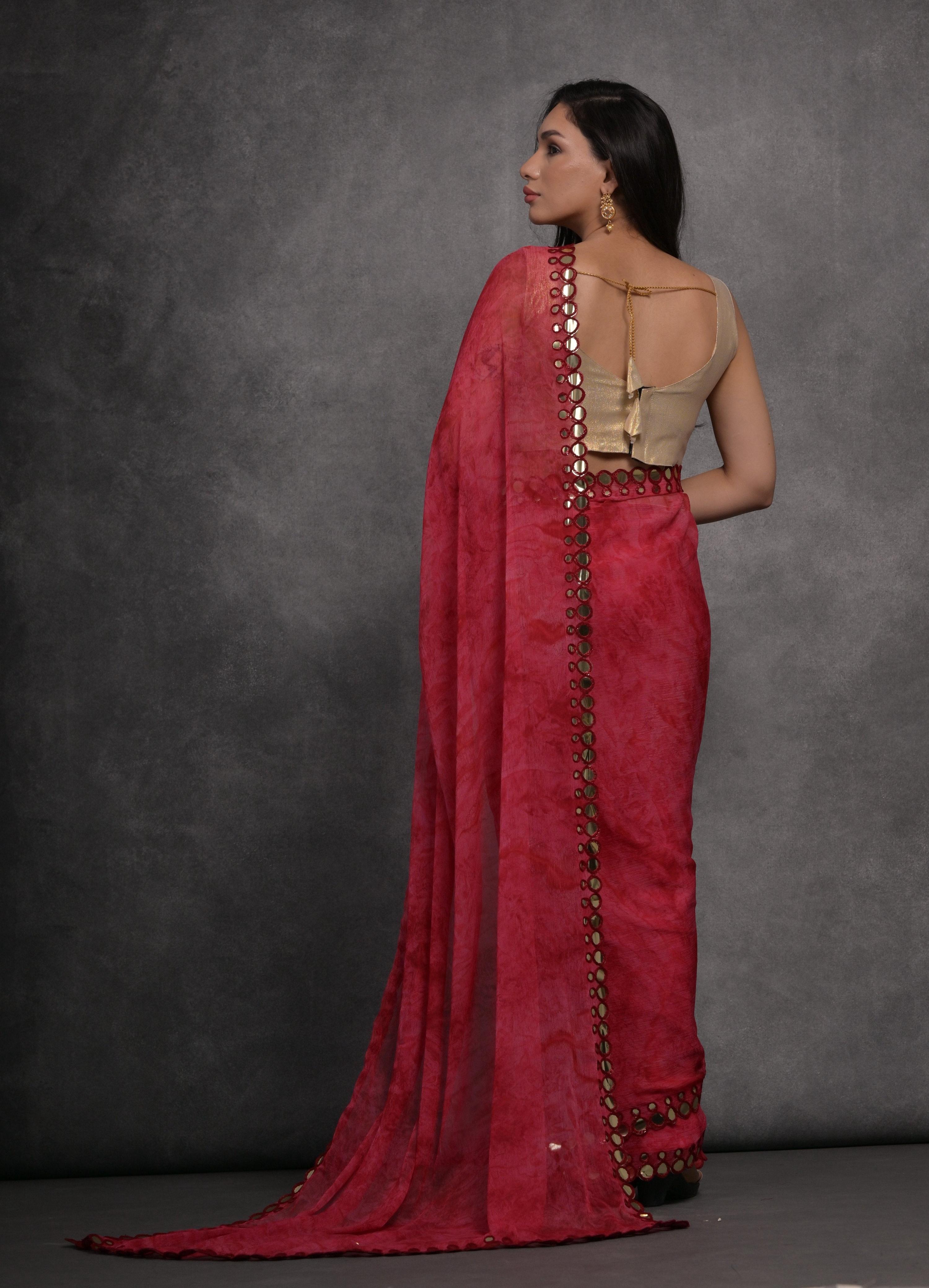 Jyoti Fashion Women's Pink Chiffon Print with Mirror Work Designer Saree with Blouse - Distacart