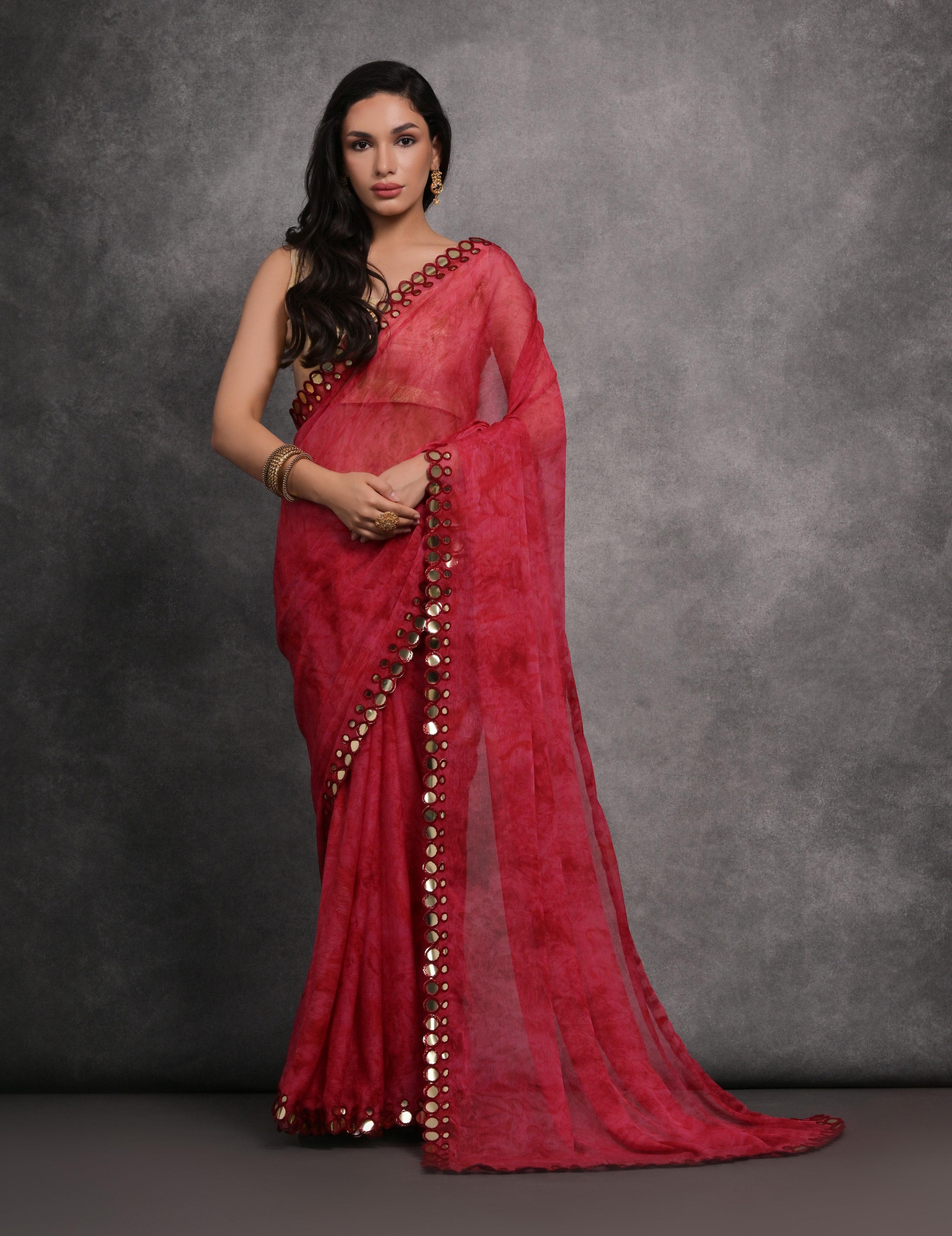 Jyoti Fashion Women's Pink Chiffon Print with Mirror Work Designer Saree with Blouse - Distacart