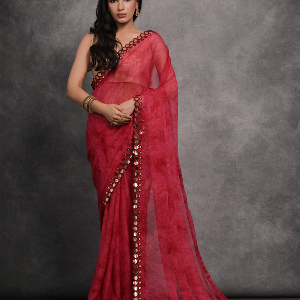 Jyoti Fashion Women's Pink Chiffon Print with Mirror Work Designer Saree with Blouse - Distacart