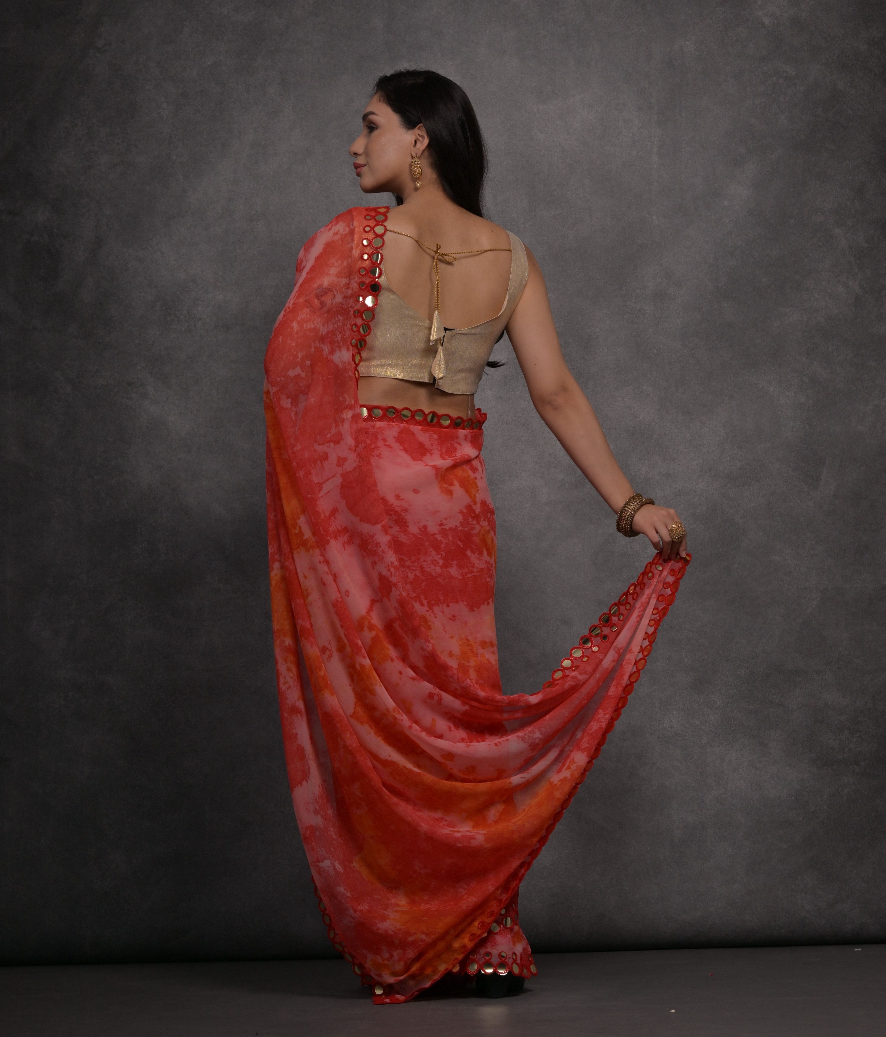 Jyoti Fashion Women's Red Chiffon Print with Mirror Work Designer Saree with Blouse - Distacart