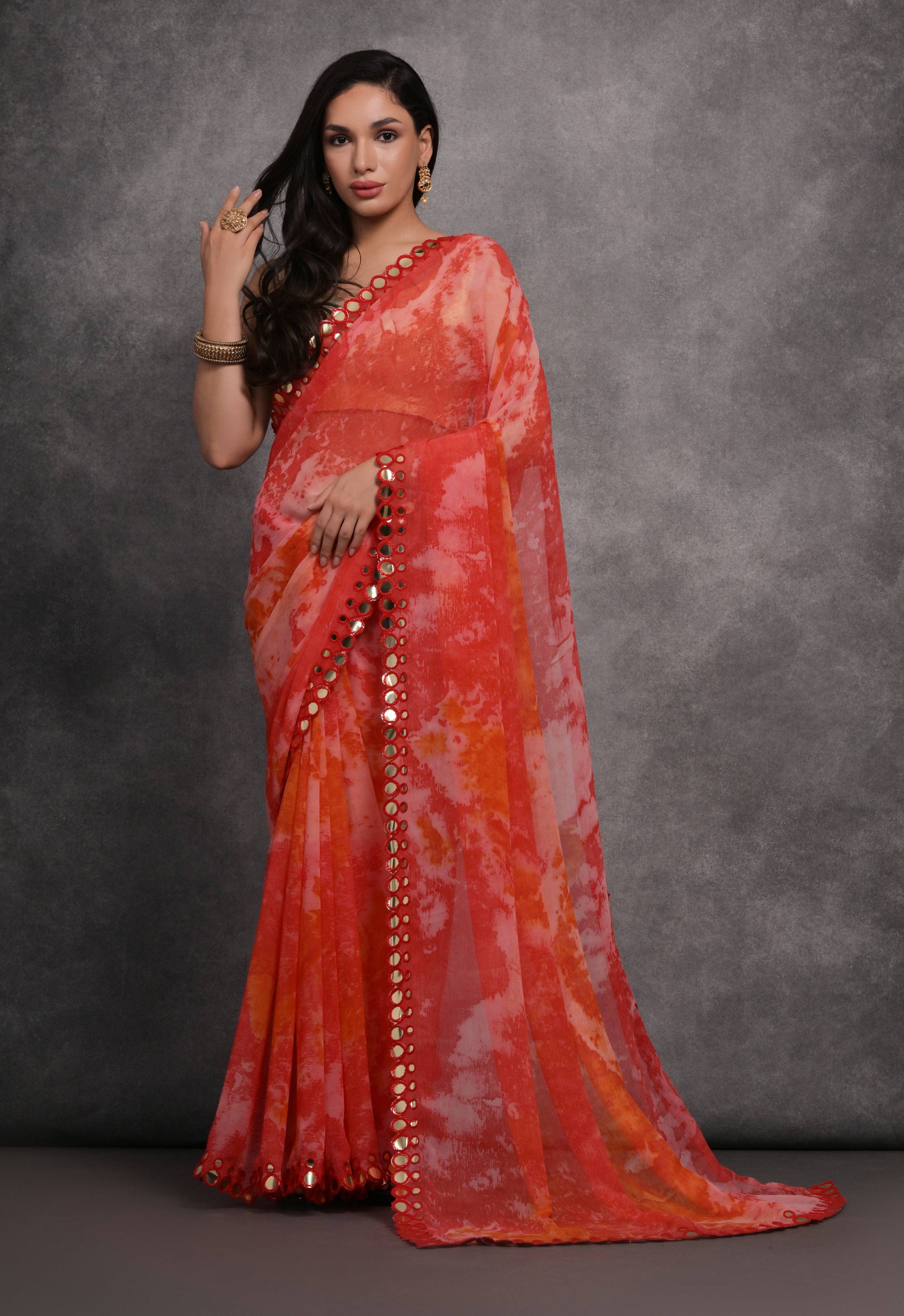 Jyoti Fashion Women's Red Chiffon Print with Mirror Work Designer Saree with Blouse - Distacart