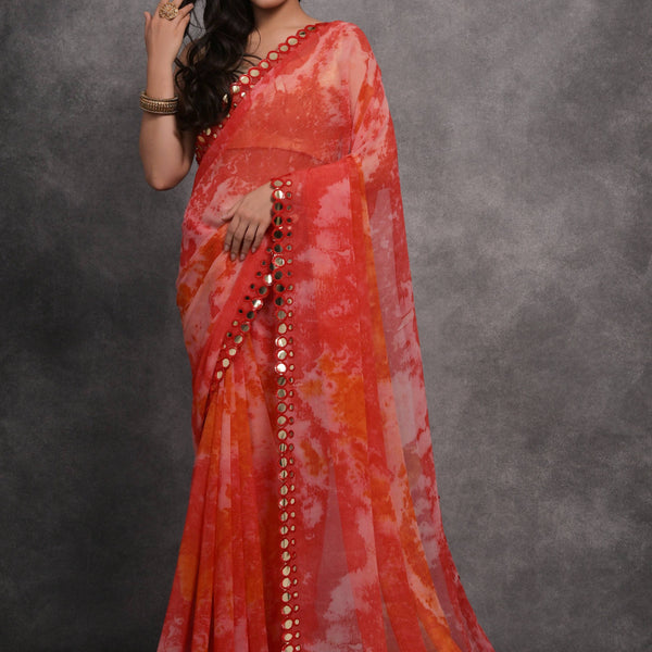 Jyoti Fashion Women's Red Chiffon Print with Mirror Work Designer Saree with Blouse - Distacart