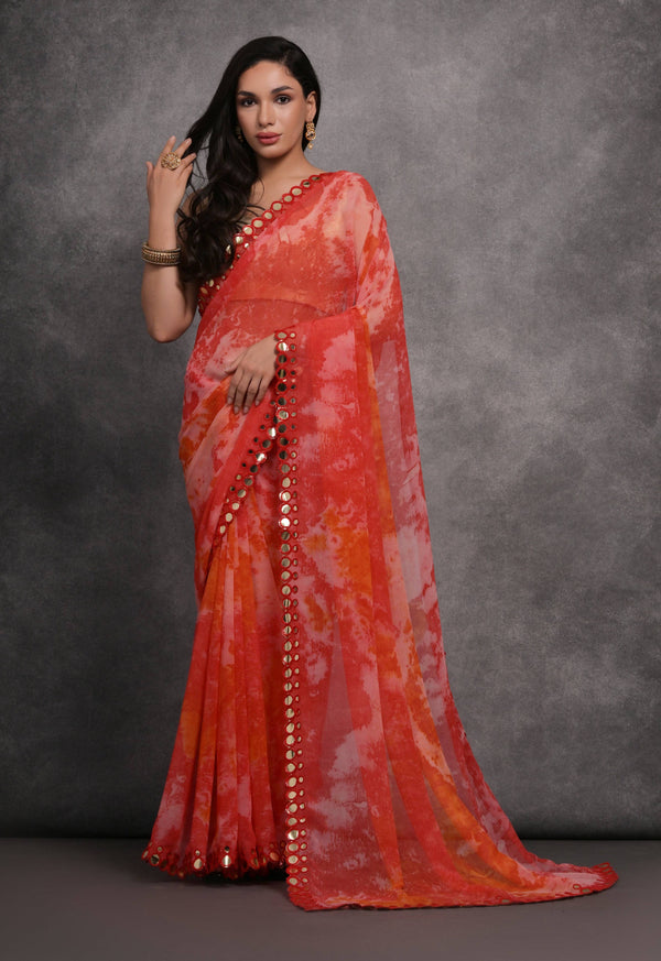 Jyoti Fashion Women's Red Chiffon Print with Mirror Work Designer Saree with Blouse - Distacart