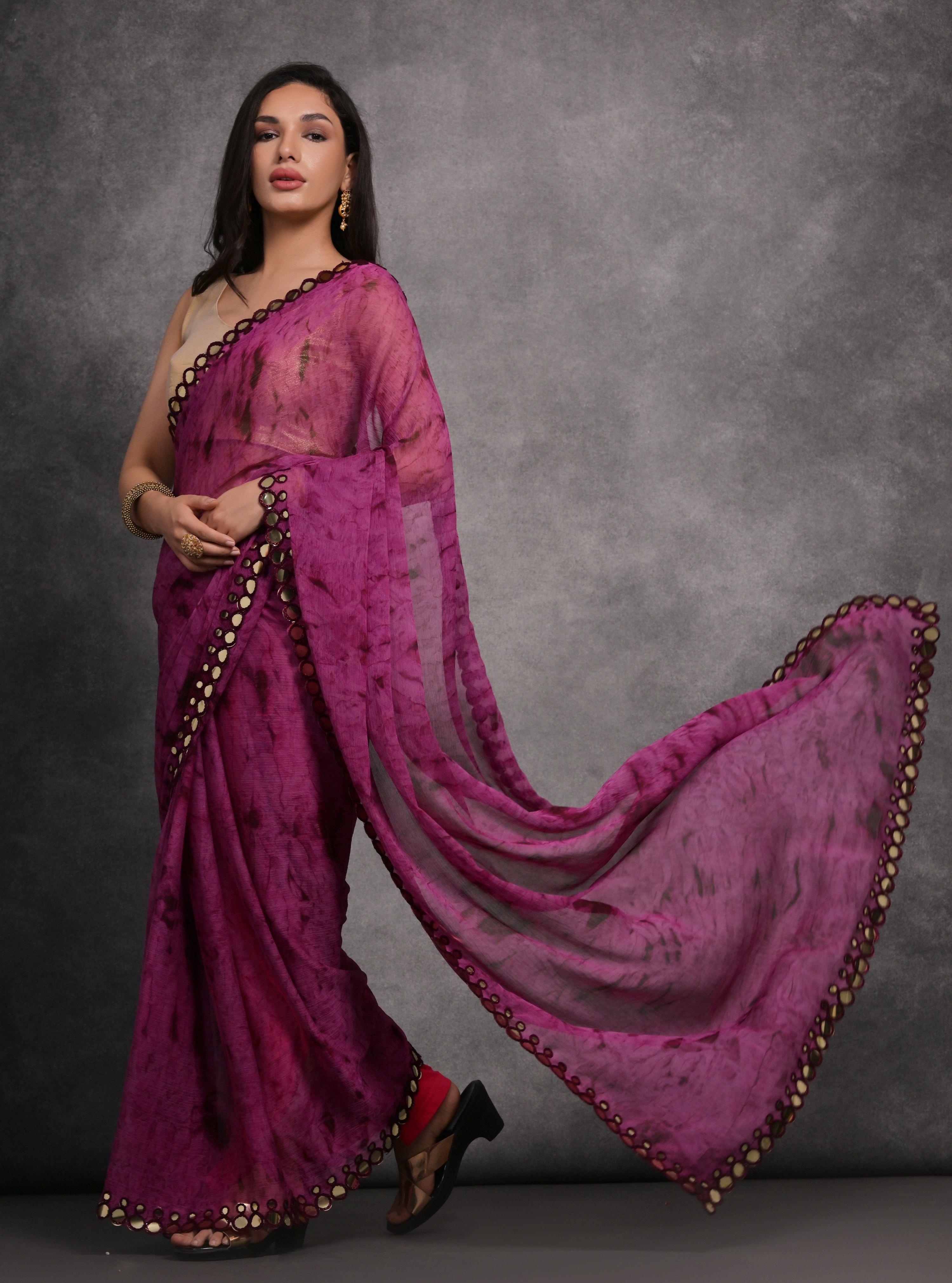 Jyoti Fashion Women's Wine Chiffon Print with Mirror Work Designer Saree with Blouse - Distacart