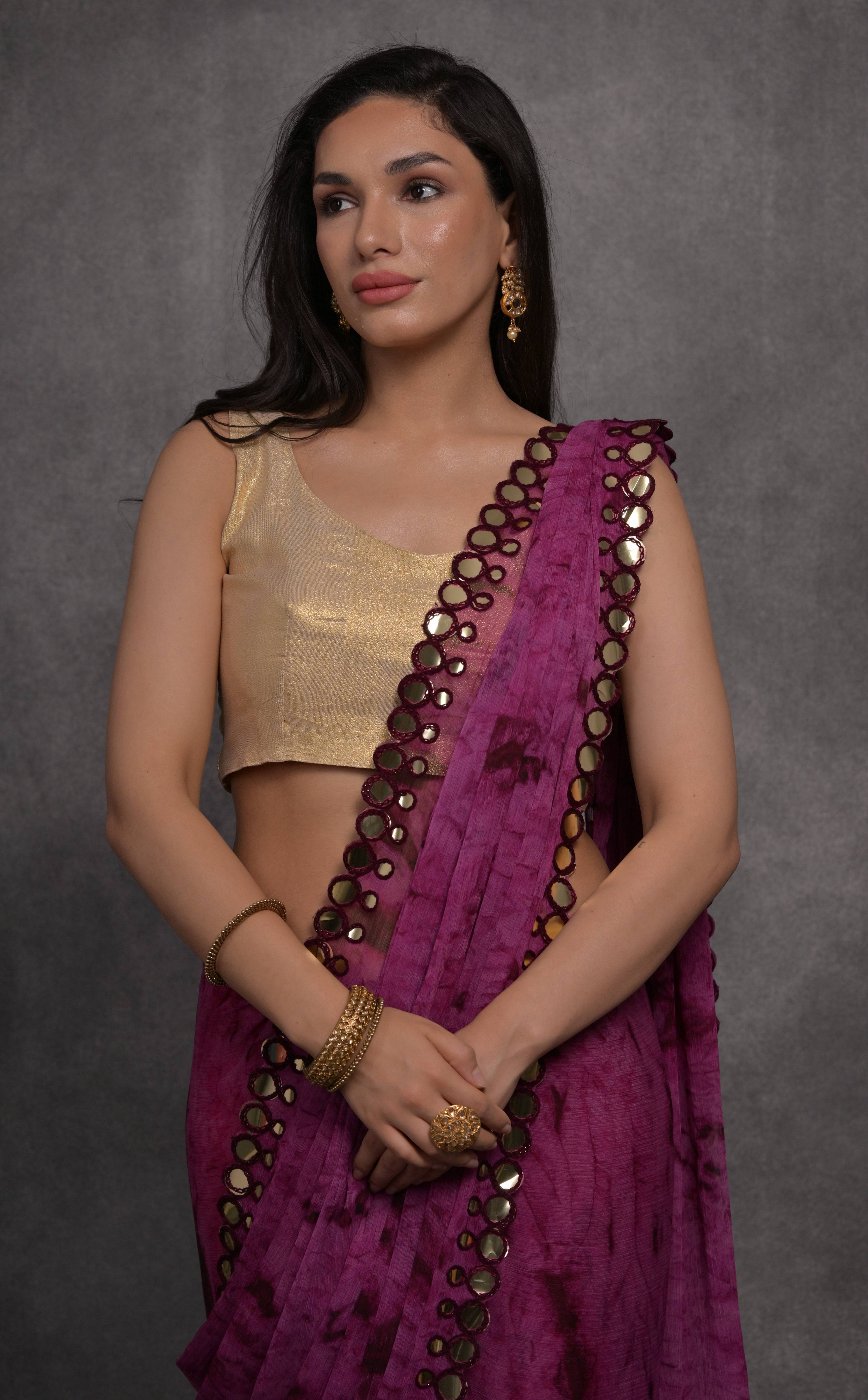 Jyoti Fashion Women's Wine Chiffon Print with Mirror Work Designer Saree with Blouse - Distacart