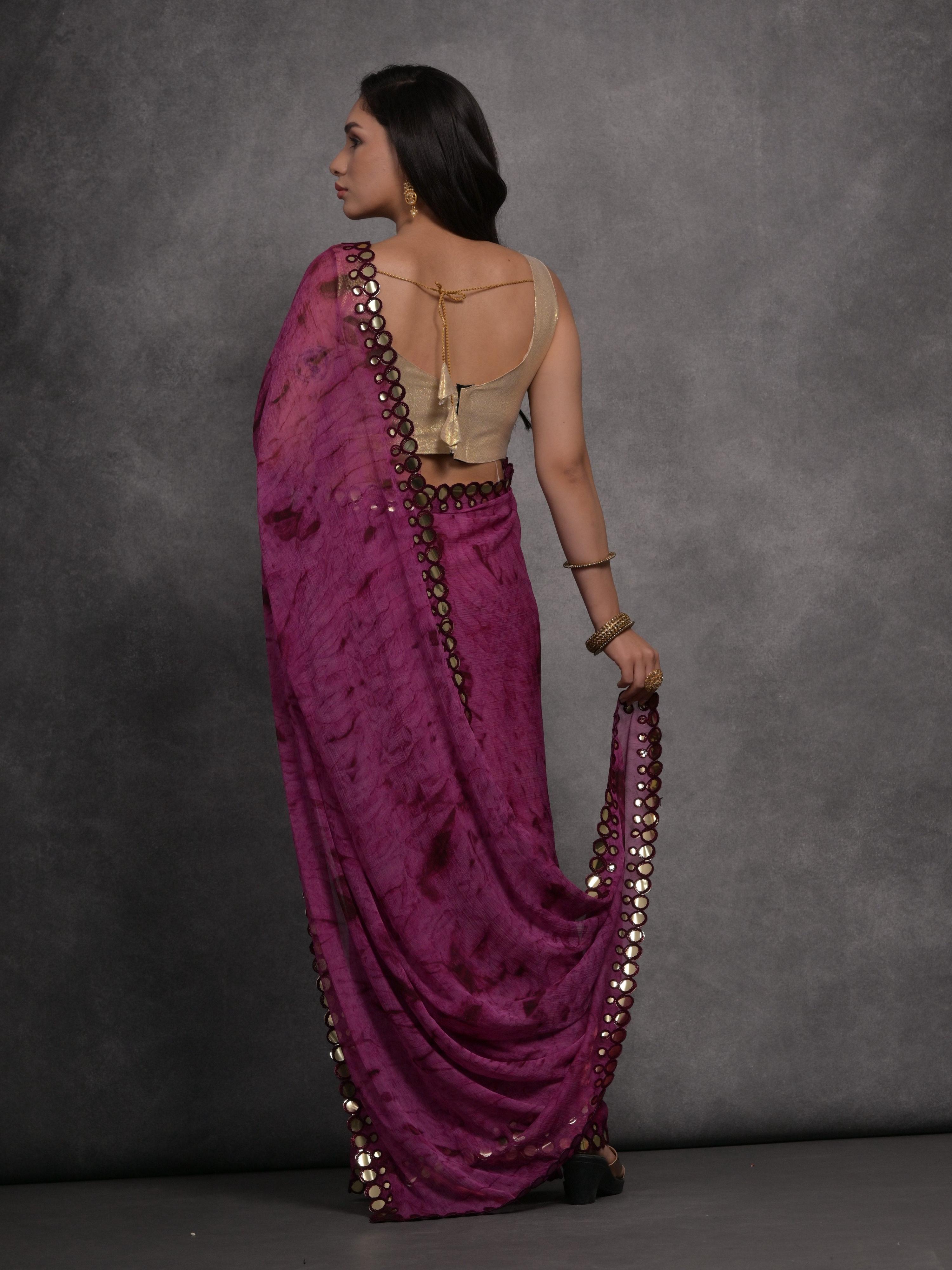 Jyoti Fashion Women's Wine Chiffon Print with Mirror Work Designer Saree with Blouse - Distacart
