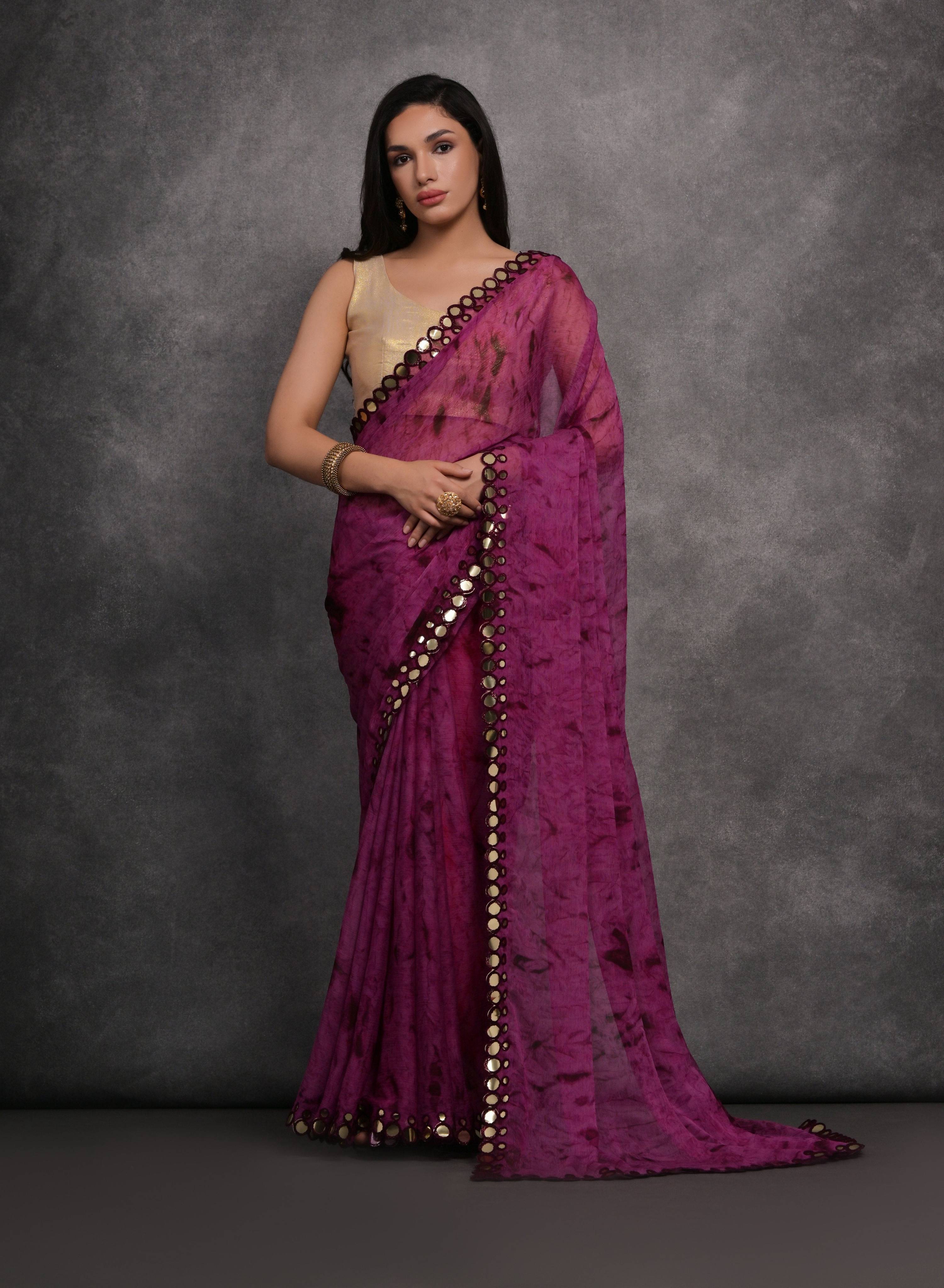 Jyoti Fashion Women's Wine Chiffon Print with Mirror Work Designer Saree with Blouse - Distacart