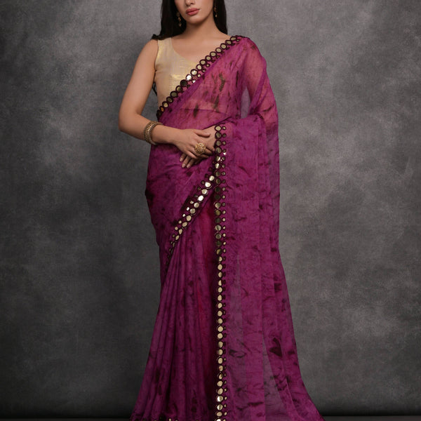Jyoti Fashion Women's Wine Chiffon Print with Mirror Work Designer Saree with Blouse - Distacart