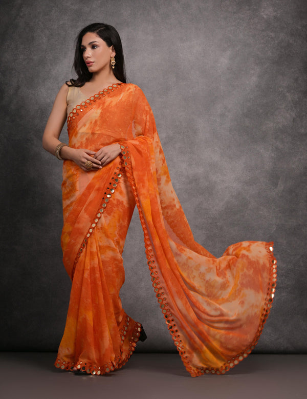 Jyoti Fashion Women's Orange Chiffon Print with Mirror Work Designer Saree with Blouse - Distacart