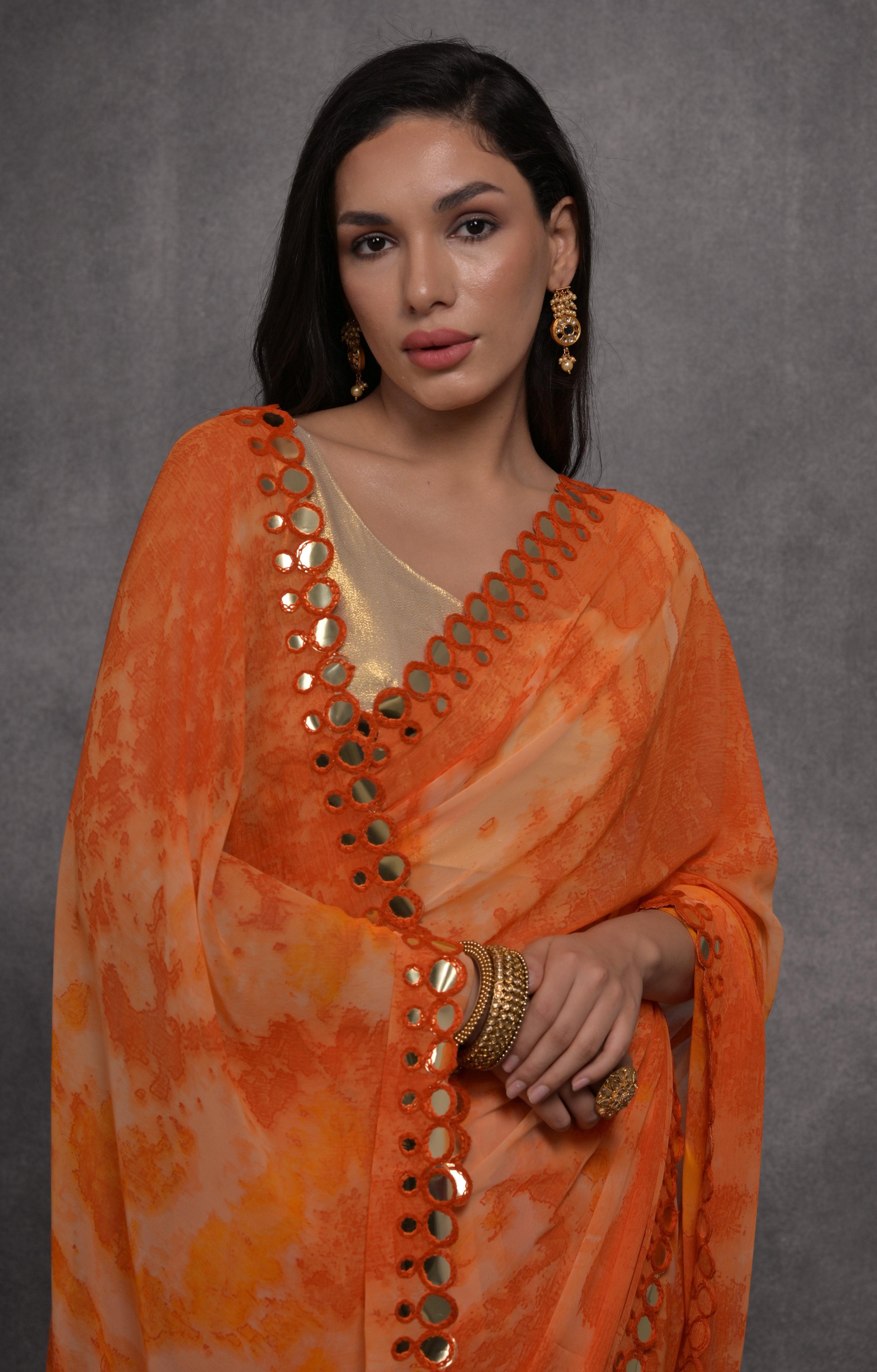 Jyoti Fashion Women's Orange Chiffon Print with Mirror Work Designer Saree with Blouse - Distacart